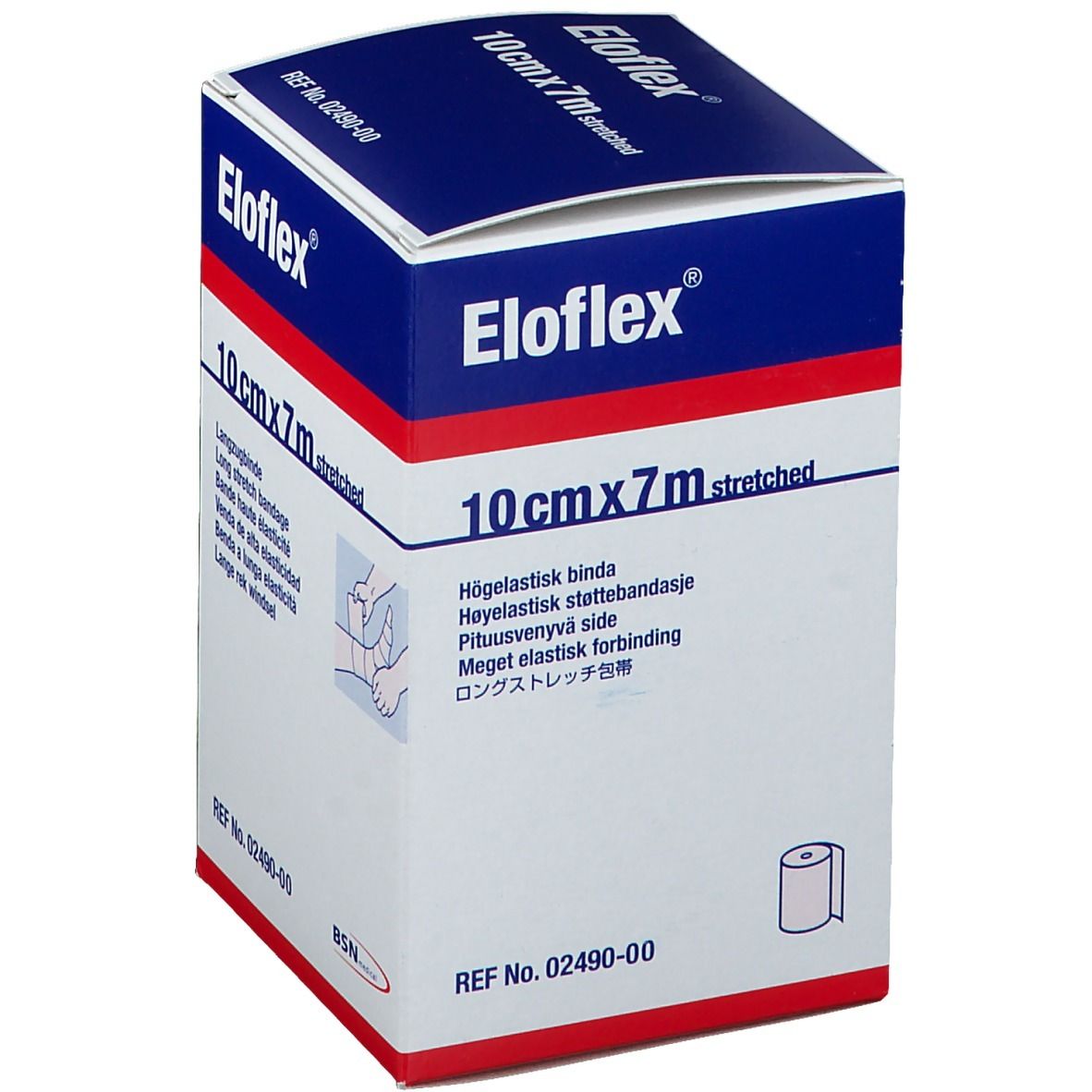 Boîte de Eloflex. Inscription : 10cmx7m stretched. Nom du produit et indication de taille. Illustration d'une application.