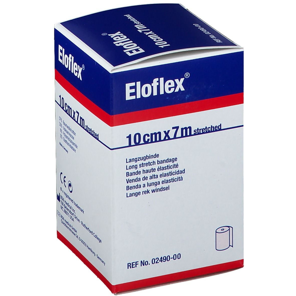 Boîte de Eloflex. Inscription : 10cmx7m stretched. Nom du produit et indication de taille. Marquage CE.