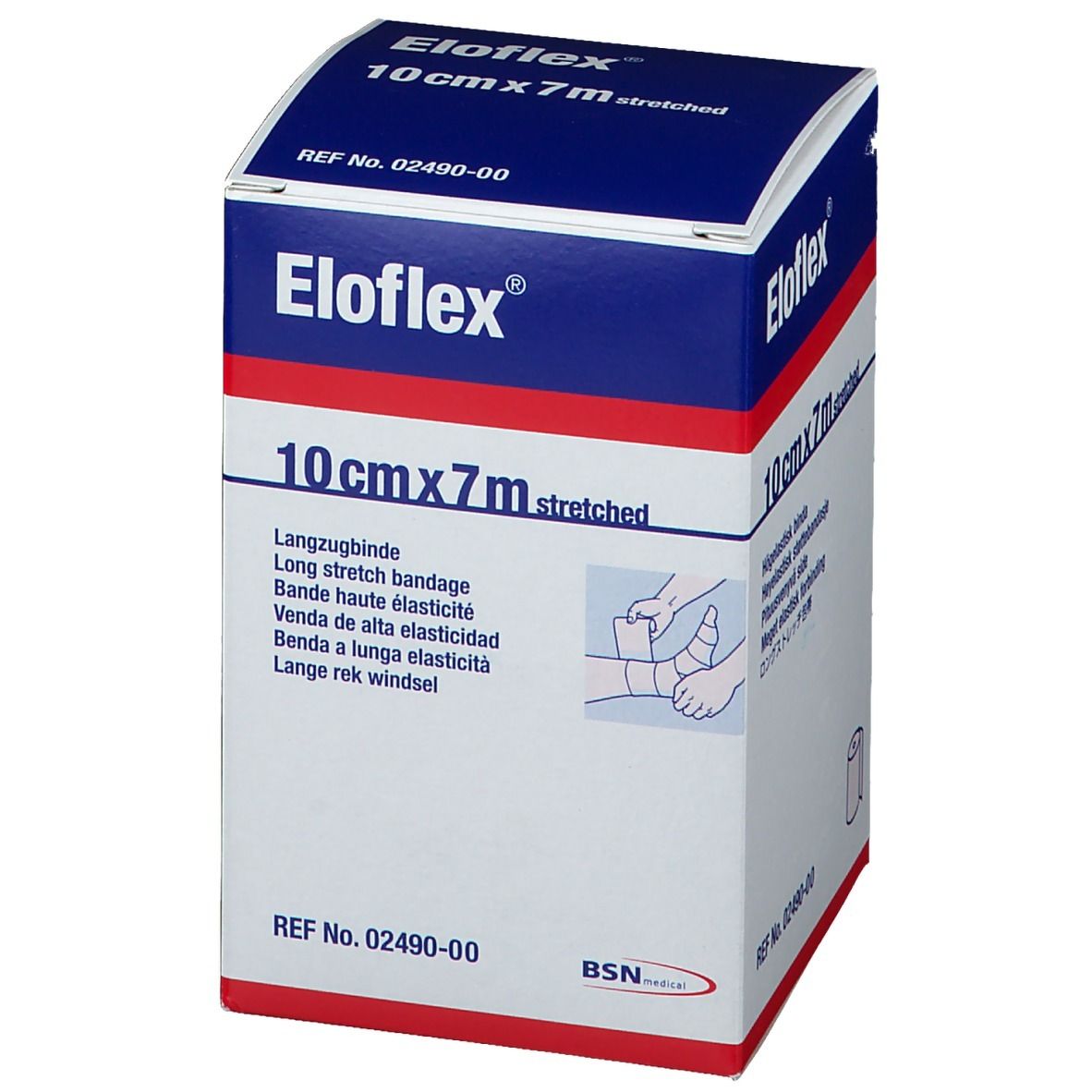 Boîte de Eloflex. Inscription : 10cmx7m stretched. Nom du produit et indication de taille. Illustration d'une application.