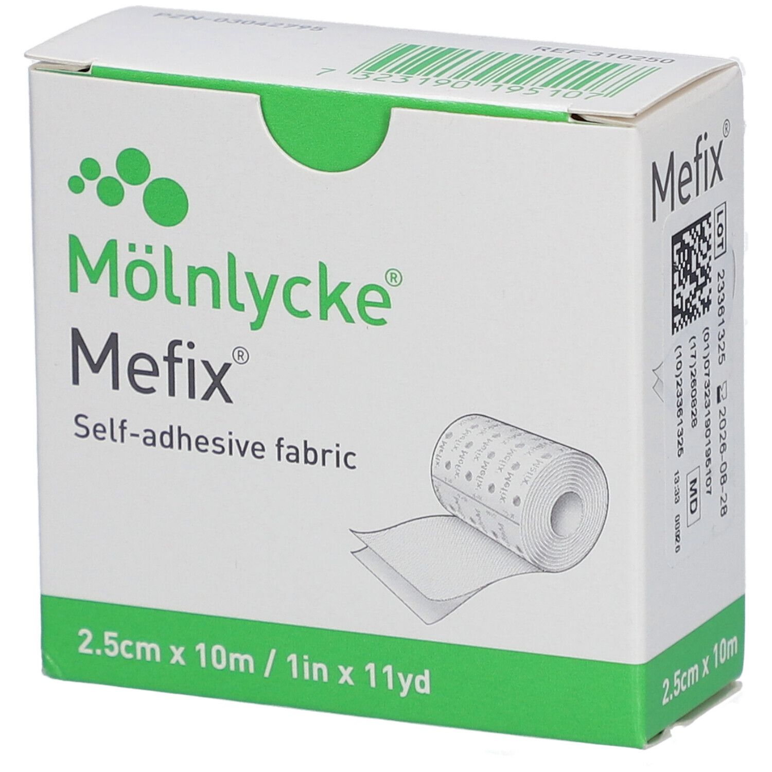 Mefix, tissu auto-adhésif, 2,5 cm x 10 m, emballage blanc. Rouleau de tissu visible. Marque Mölnlycke.