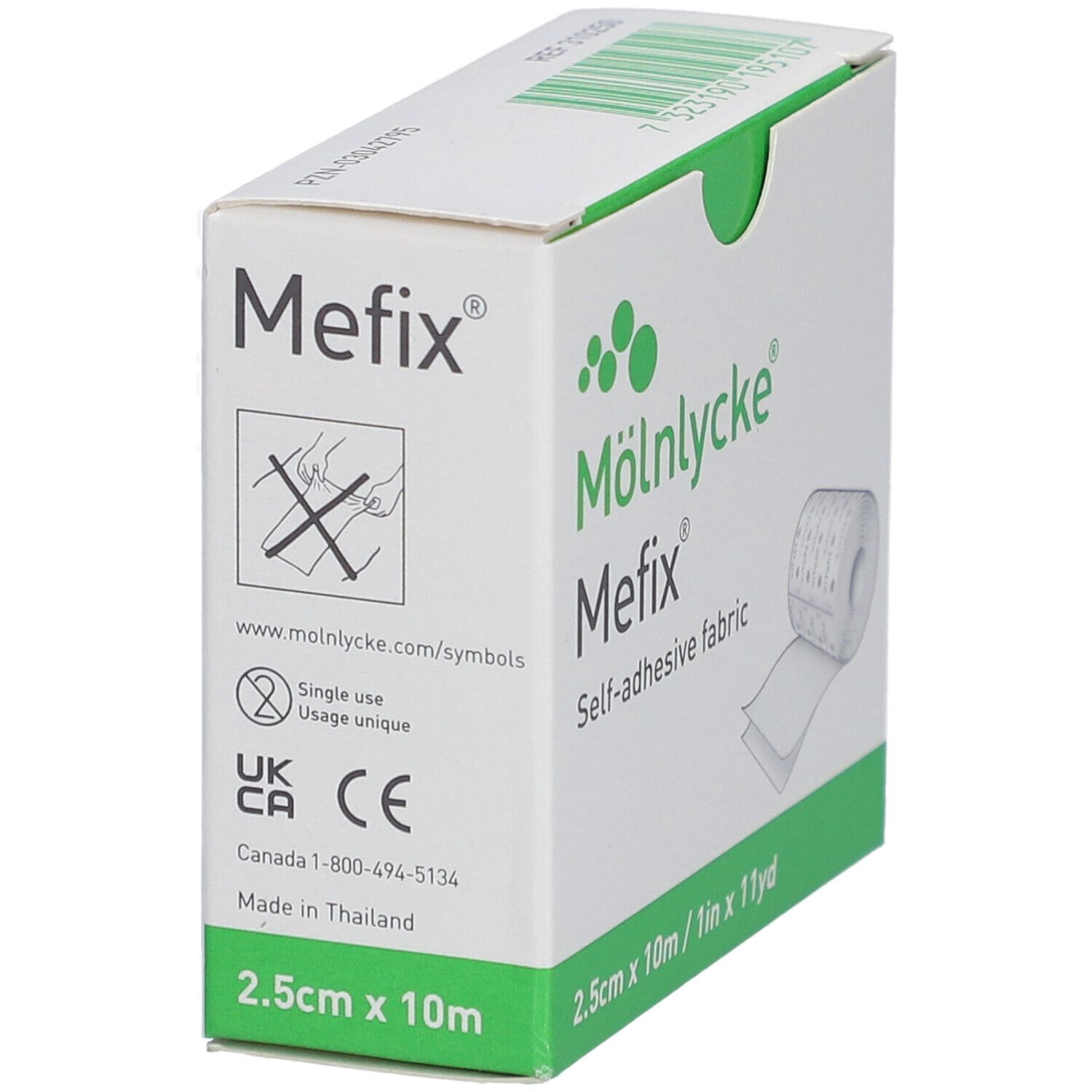 Mefix, tissu auto-adhésif, 2,5 cm x 10 m, emballage blanc. Inscriptions et marquage CE. Marque Mölnlycke.