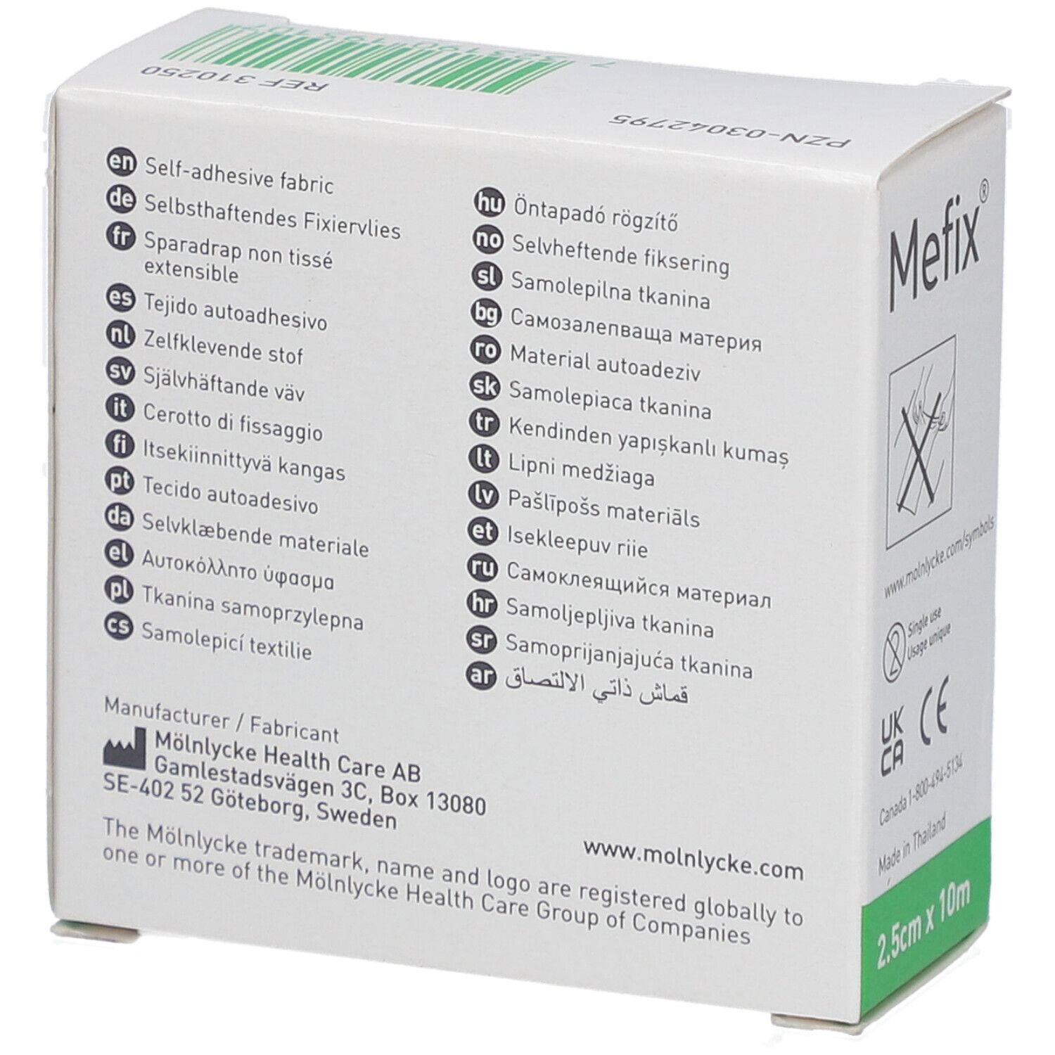 Mefix, tissu auto-adhésif, 2,5 cm x 10 m, emballage blanc. Texte multilingue. Marque Mölnlycke Health Care.