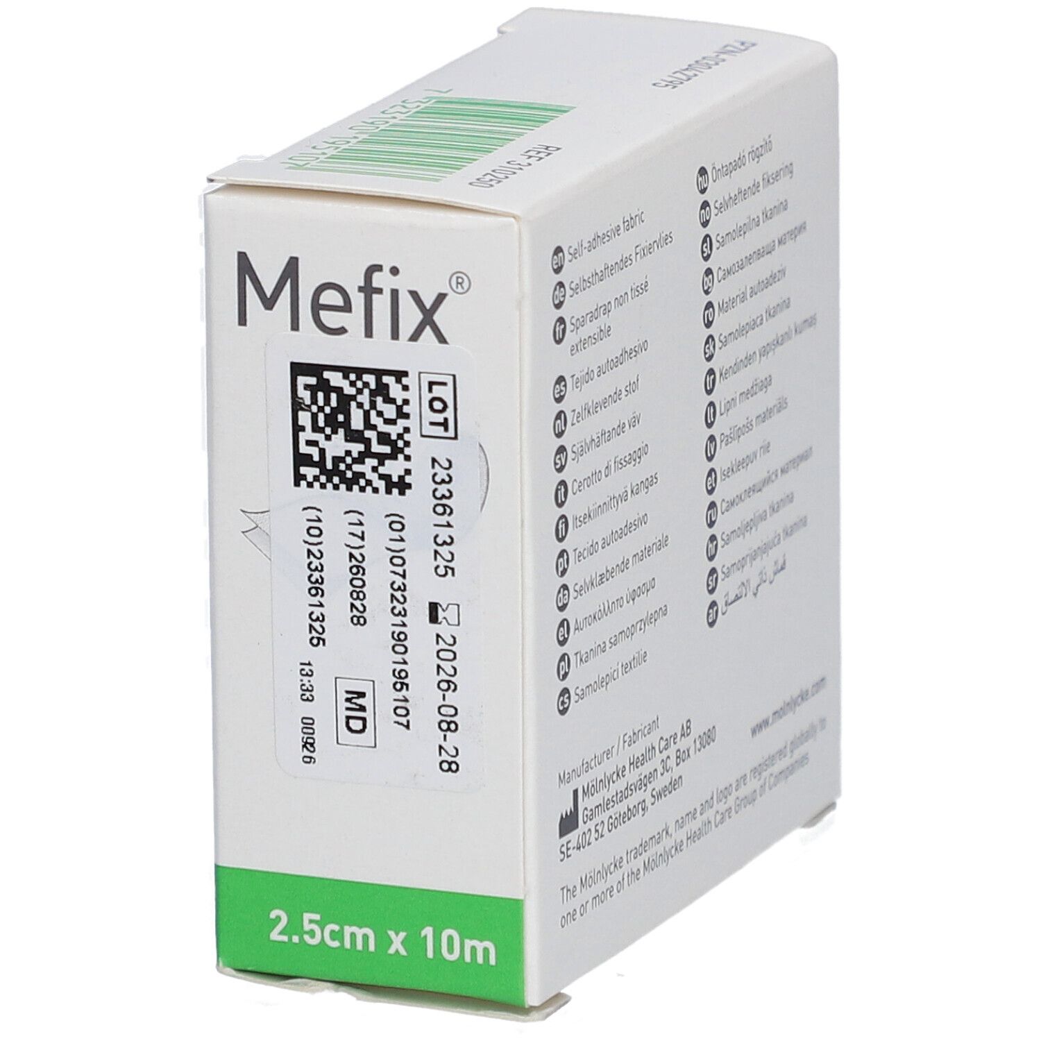 Mefix, tissu auto-adhésif, 2,5 cm x 10 m, emballage blanc. Code QR et numéro de lot. Marque Mölnlycke.
