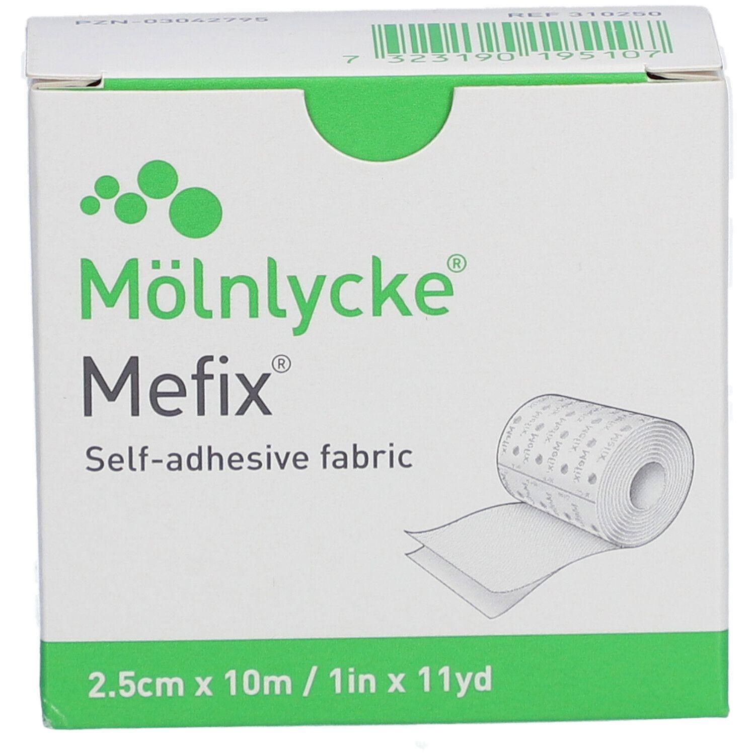 Mefix, tissu auto-adhésif, 2,5 cm x 10 m, emballage blanc. Rouleau de tissu visible. Marque Mölnlycke.