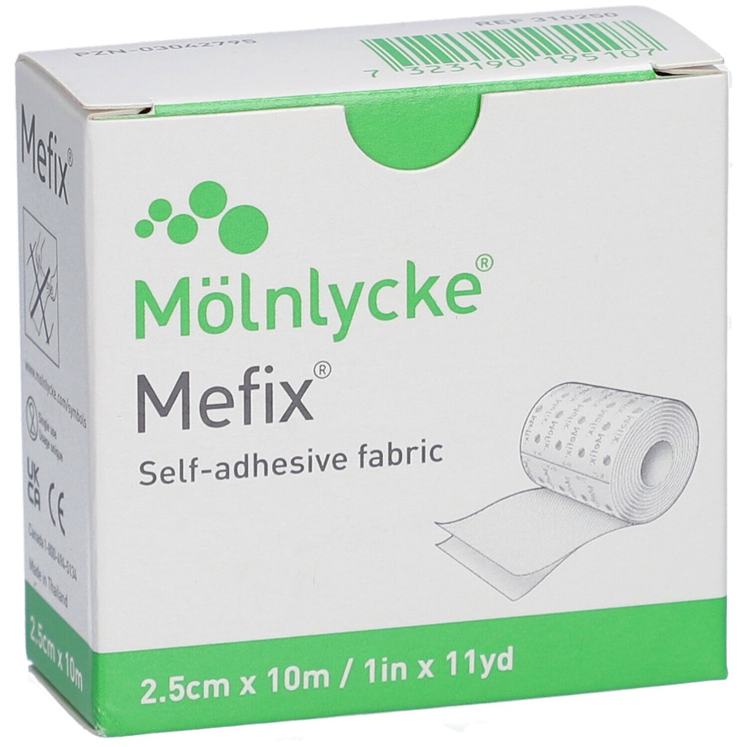 Mefix, tissu auto-adhésif, 2,5 cm x 10 m, emballage blanc. Rouleau de tissu visible. Marque Mölnlycke.