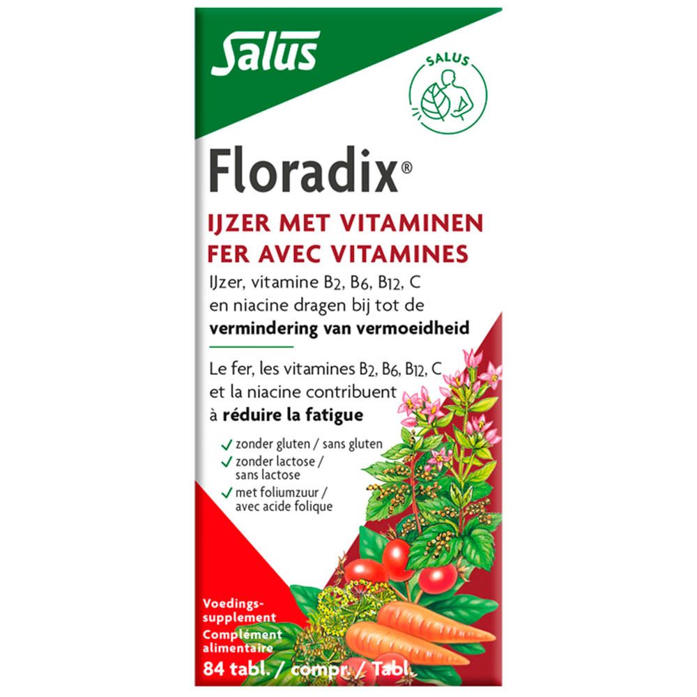 Floradix, 84 comprimés. Emballage rouge avec nom du produit et ingrédients.