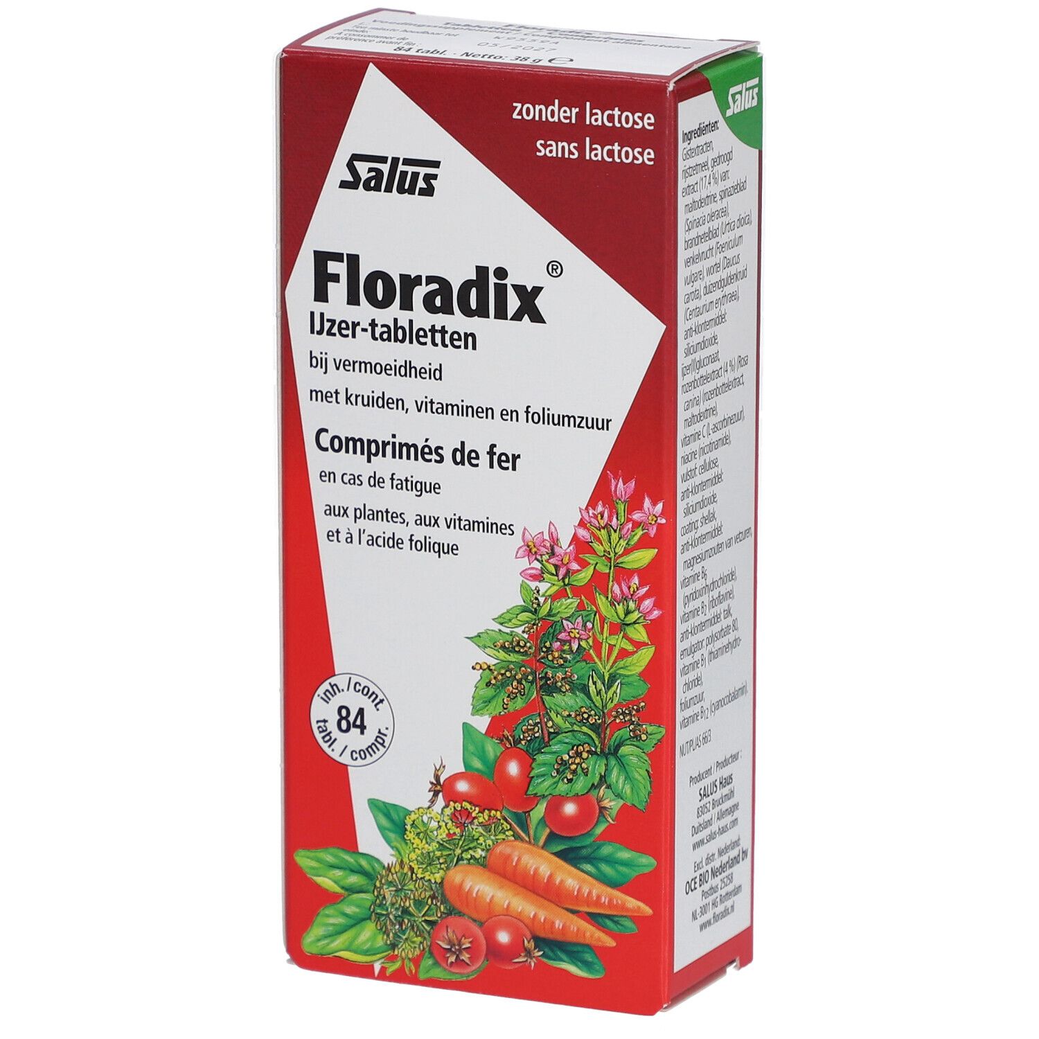 Rote Schachtel mit Salus Floradix Ujzer-tabletten. Text in Niederländisch und Französisch. Abbildung von Gemüse und Kräutern.