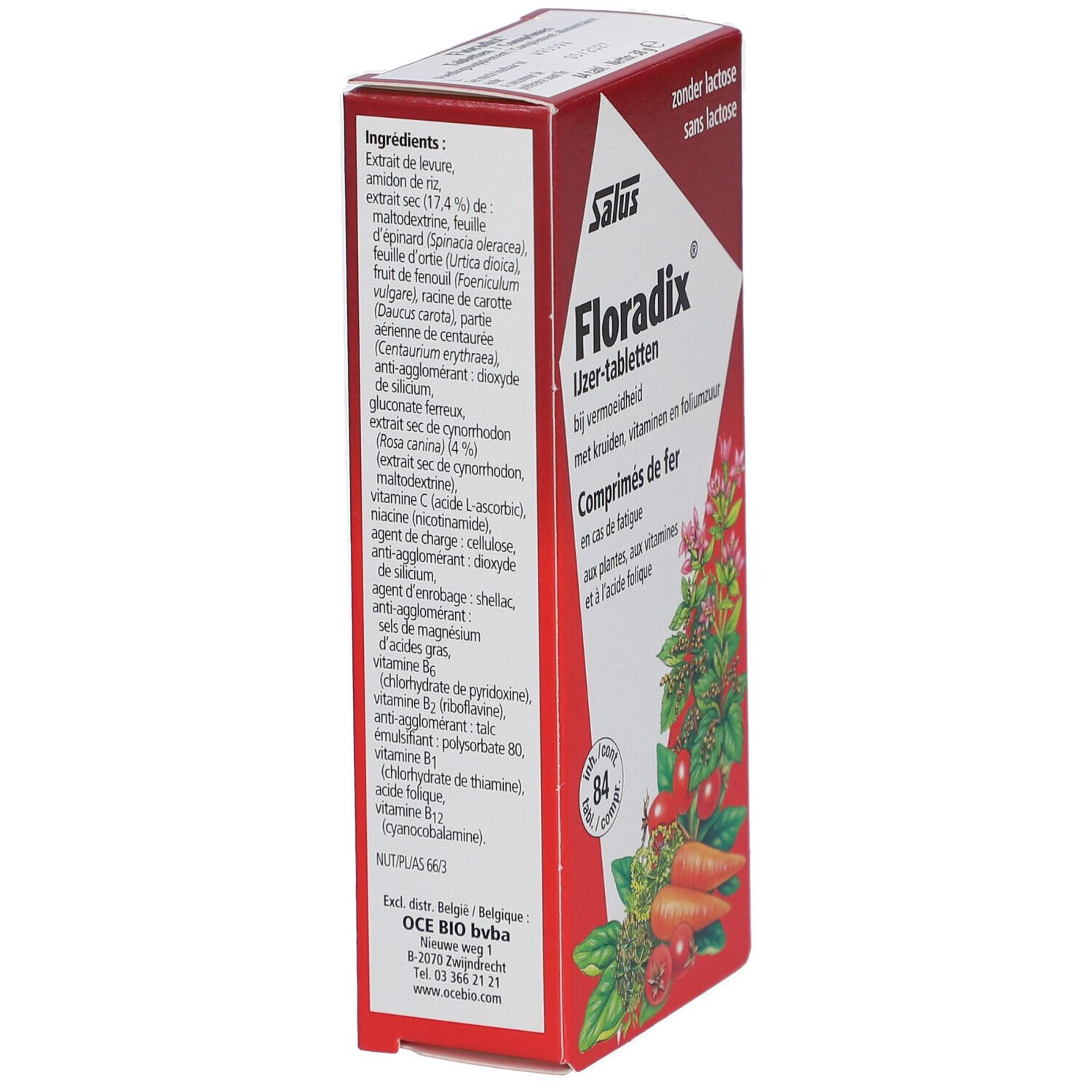 Rote Schachtel mit Salus Floradix Ujzer-tabletten. Text in Niederländisch und Französisch. Abbildung von Gemüse und Kräutern.