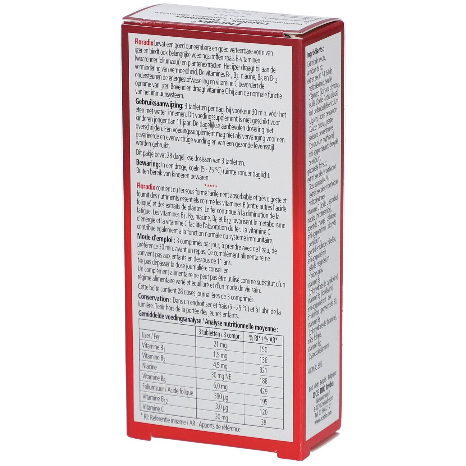 Rote Schachtel mit Salus Floradix Ujzer-tabletten. Text in Niederländisch und Französisch. Abbildung von Gemüse und Kräutern.