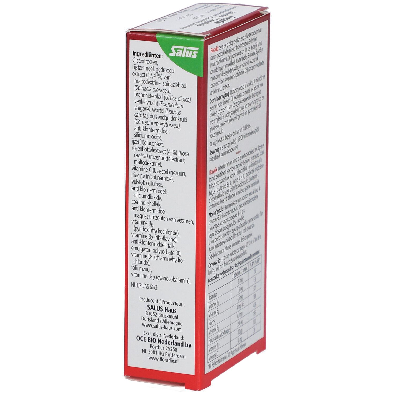 Rote Schachtel mit Salus Floradix Ujzer-tabletten. Text in Niederländisch und Französisch. Abbildung von Gemüse und Kräutern.