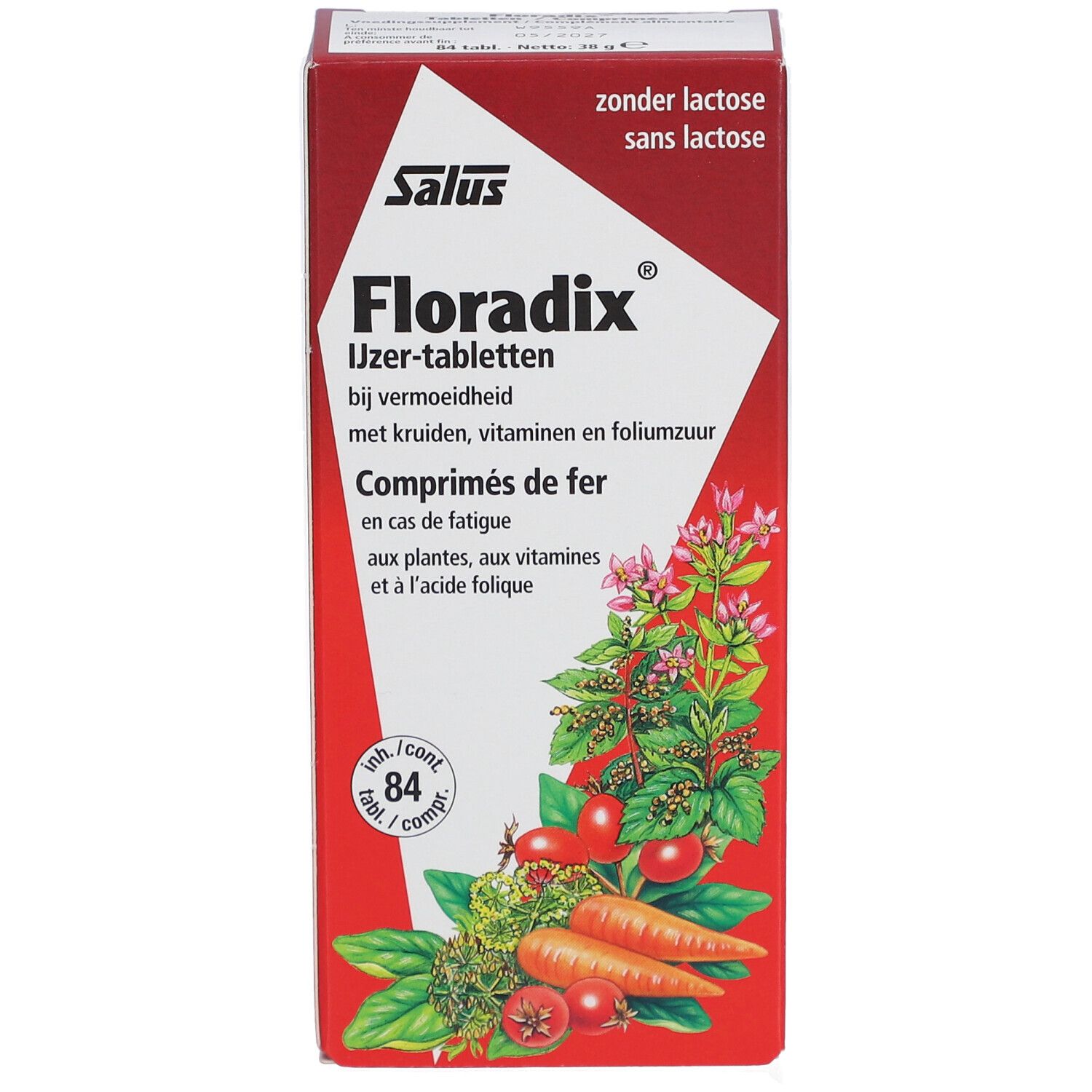 Rote Schachtel mit Salus Floradix Ujzer-tabletten. Text in Niederländisch und Französisch. Abbildung von Gemüse und Kräutern.