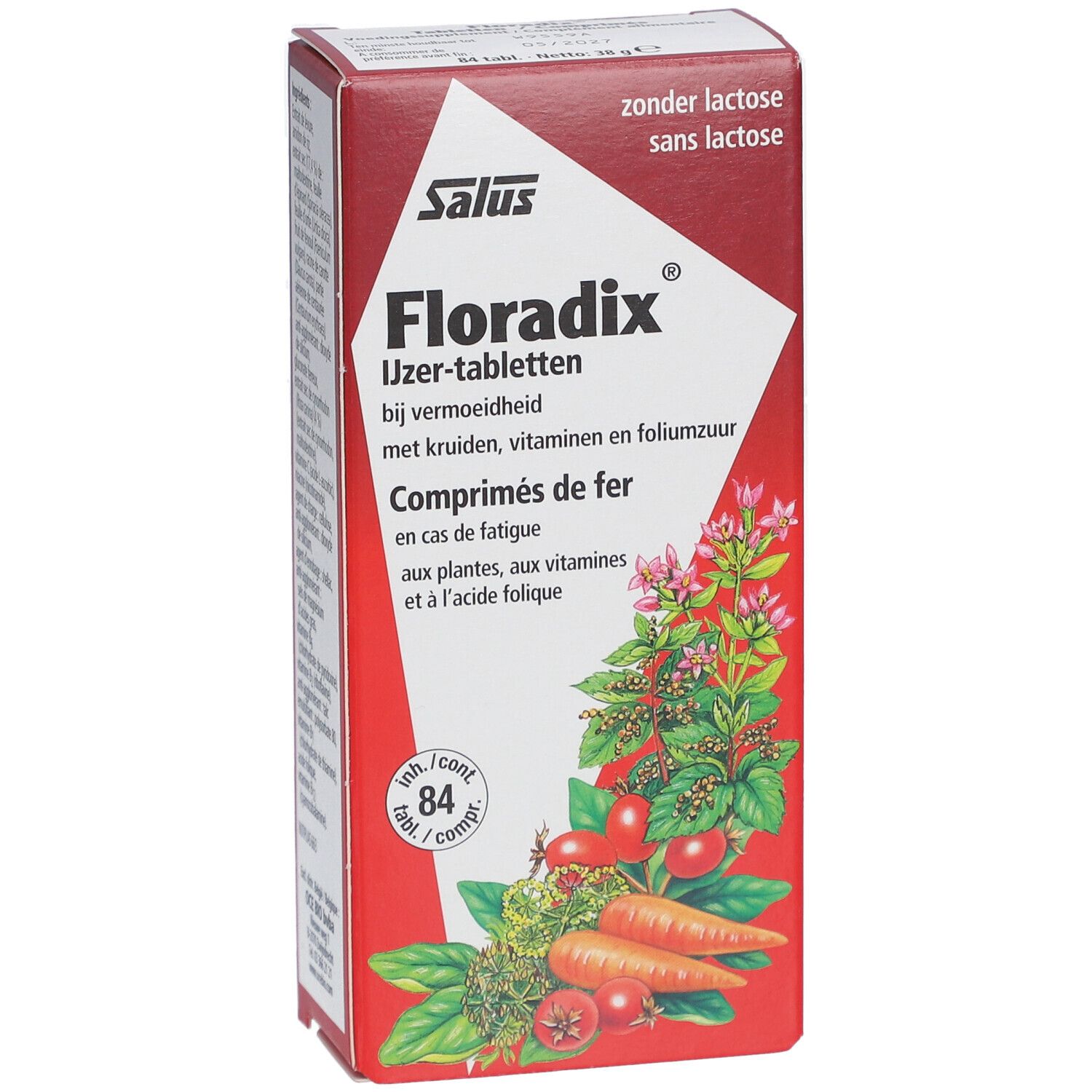 Rote Schachtel mit Salus Floradix Ujzer-tabletten. Text in Niederländisch und Französisch. Abbildung von Gemüse und Kräutern.