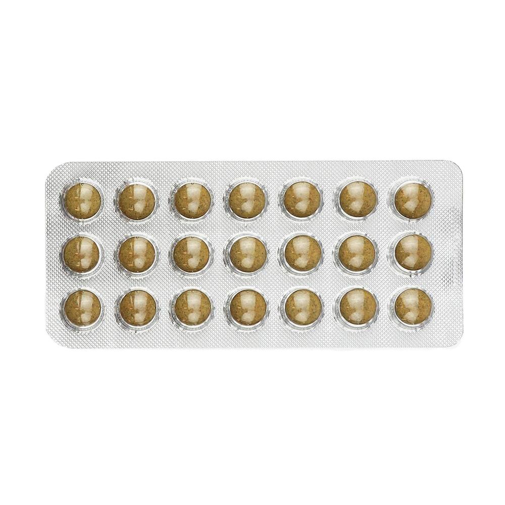 Blisterpackung mit 20 Tabletten. Tabletten sind braun und rund. Verpackung aus silberfarbenem Kunststoff.