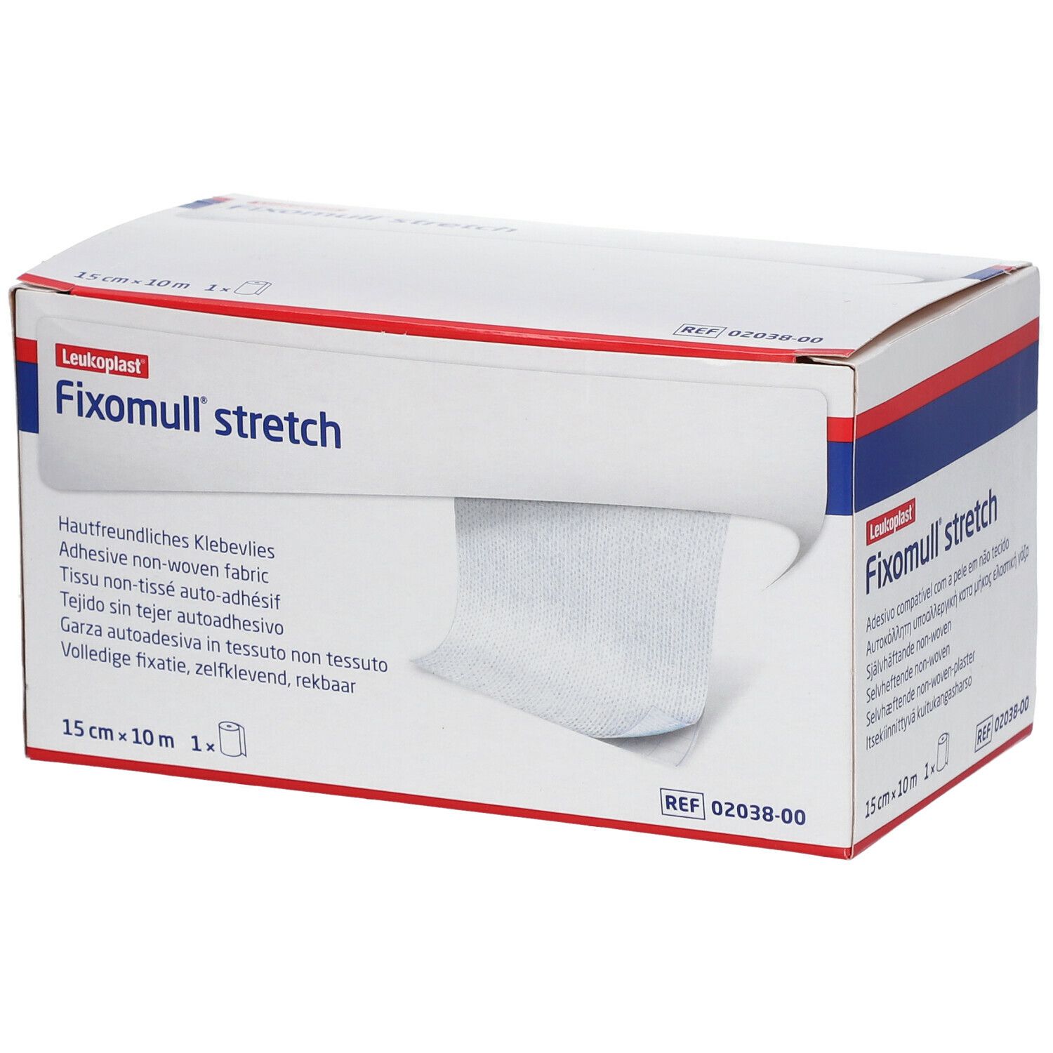 Fixomull® stretch Klebevlies-Rolle in Verpackung. 15 cm x 10 m. Weißes Vlies, teilweise sichtbar. Marke: Leukoplast.