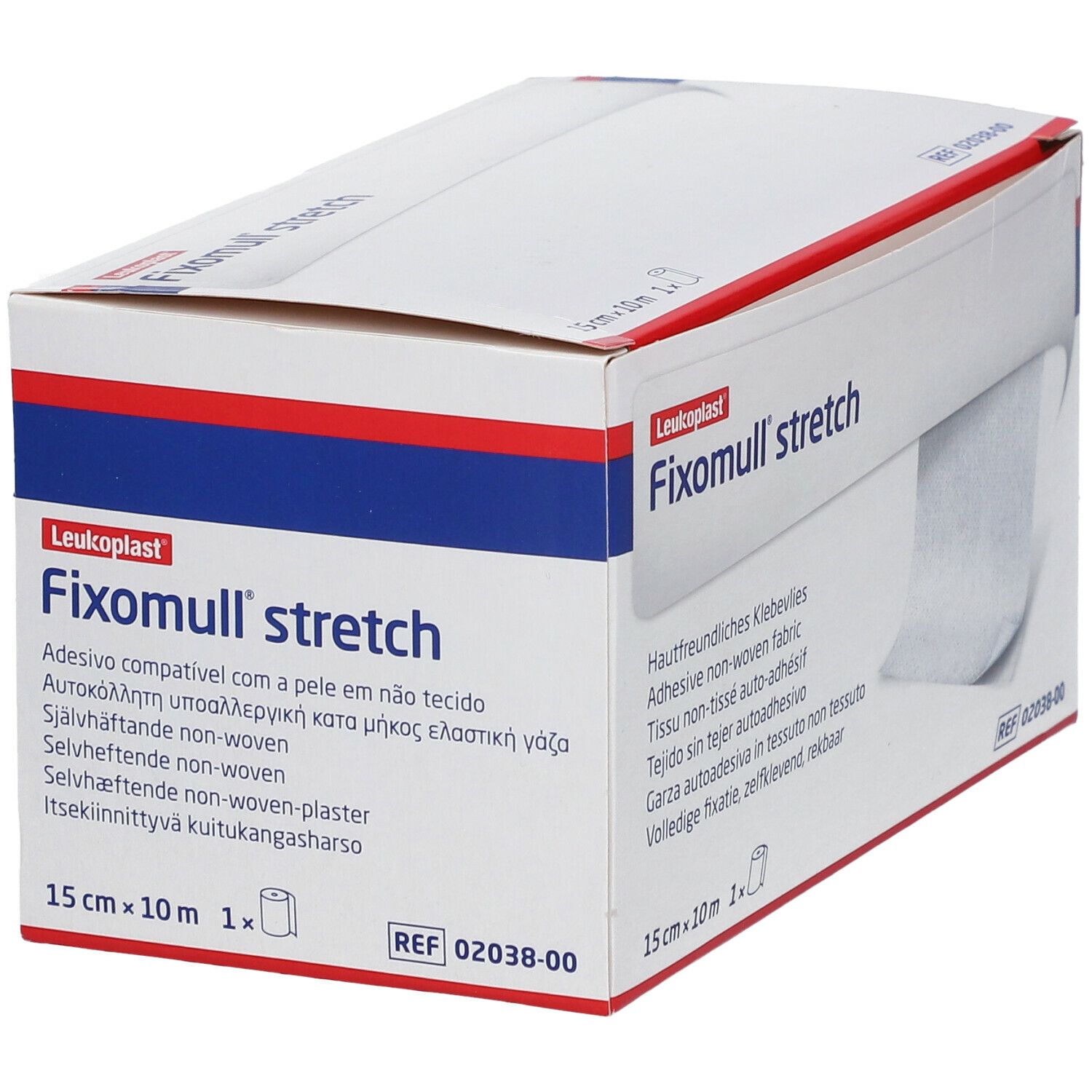 Fixomull® stretch Klebevlies-Rolle in Verpackung. 15 cm x 10 m. Verpackung mit Produktinformationen. Marke: Leukoplast.