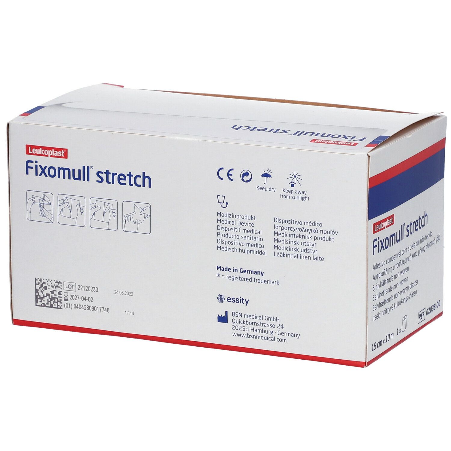 Fixomull® stretch Klebevlies-Verpackung. 15 cm x 10 m. CE-Kennzeichnung. Herstellerinformationen. Marke: Leukoplast.