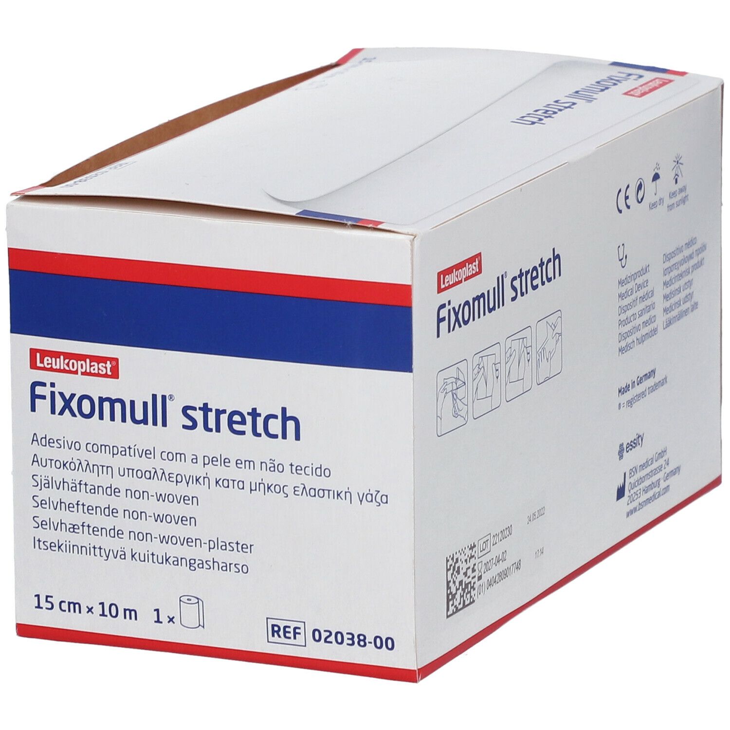 Fixomull® stretch Klebevlies-Verpackung. 15 cm x 10 m. Verpackung mit Produktinformationen. Marke: Leukoplast.