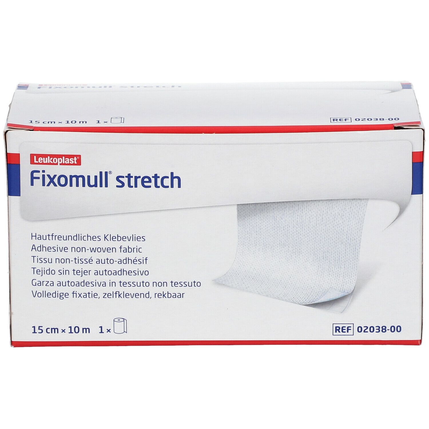 Fixomull® stretch Klebevlies-Rolle in Verpackung. 15 cm x 10 m. Weißes Vlies, teilweise sichtbar. Marke: Leukoplast.
