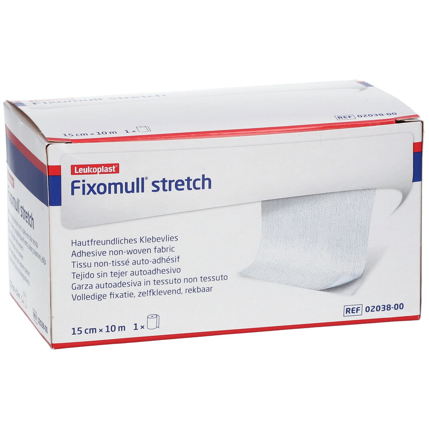 Fixomull® stretch Klebevlies-Rolle in Verpackung. 15 cm x 10 m. Weißes Vlies, teilweise sichtbar. Marke: Leukoplast.