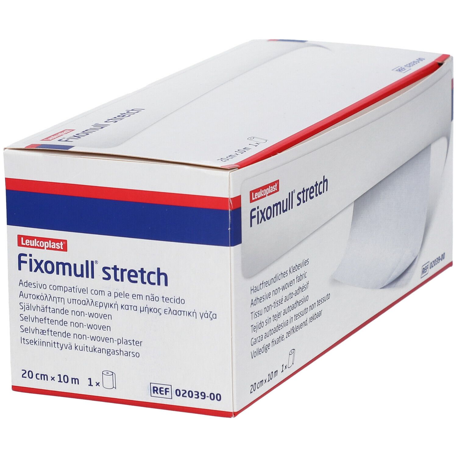 Fixomull stretch Verpackung. Produktname und Marke deutlich sichtbar. 20 cm x 10 m. Mehrsprachige Produktinformationen.