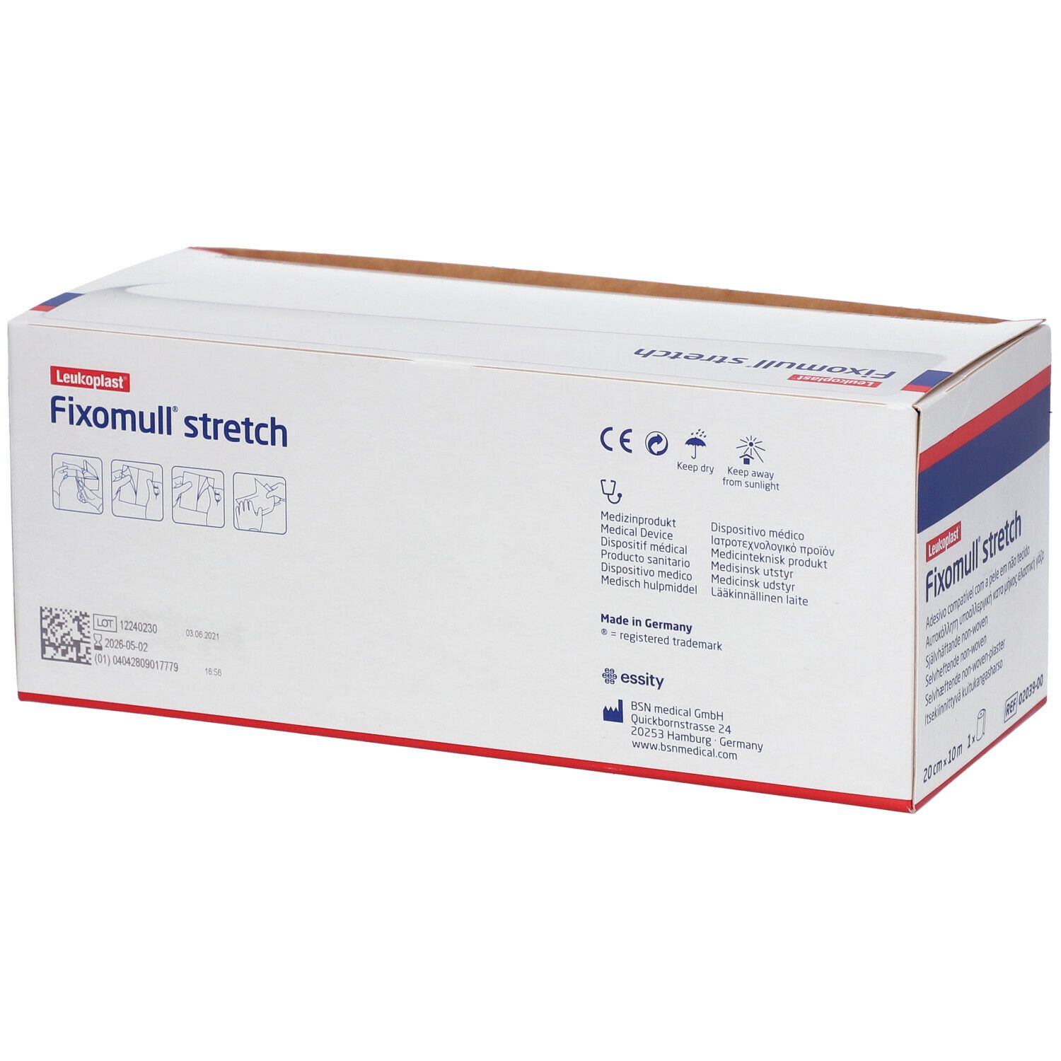 Fixomull stretch Verpackung. Rückseite mit Produktinformationen, CE-Kennzeichnung und Herstellerangaben. Made in Germany.