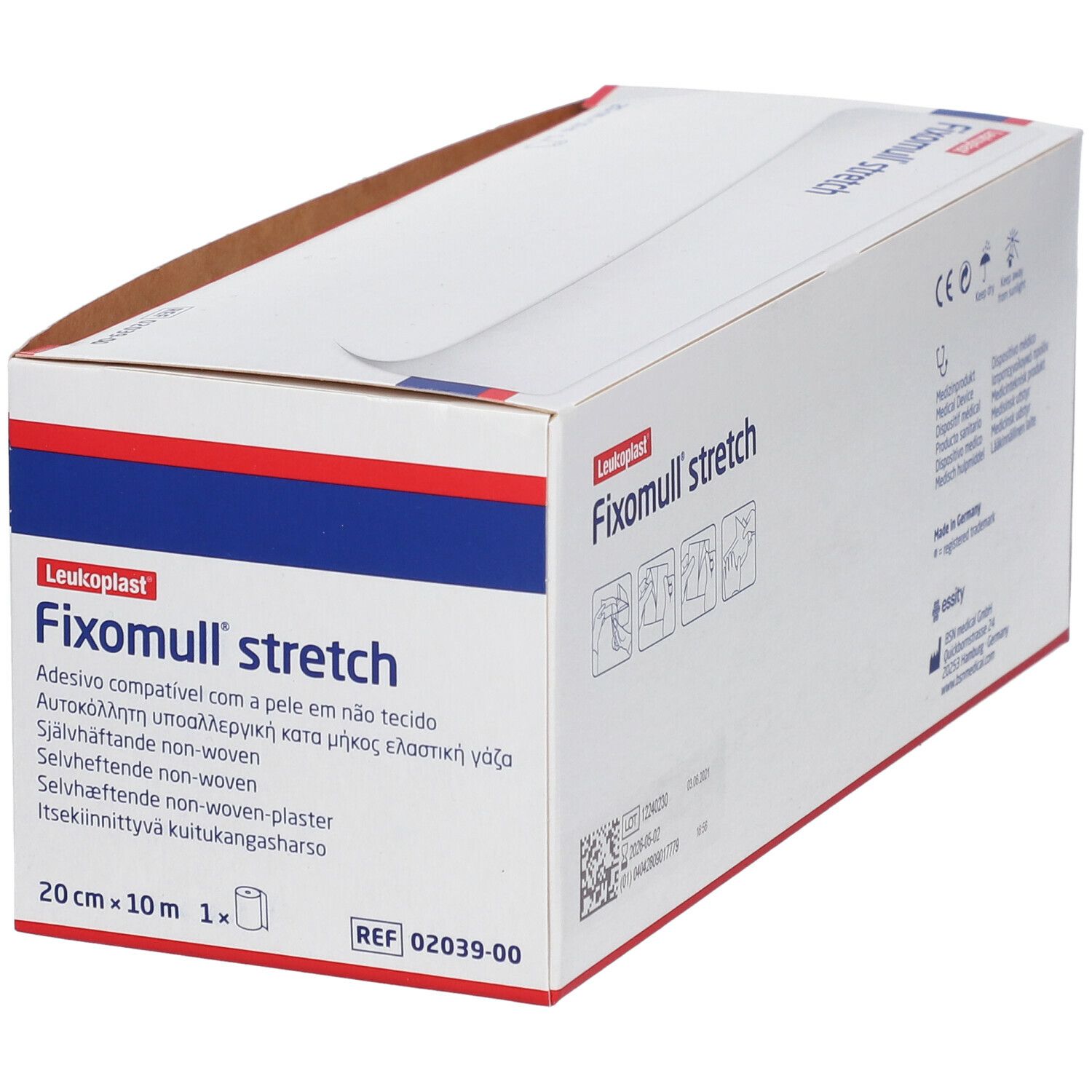 Fixomull stretch Verpackung. Produktname und Marke deutlich sichtbar. Mehrsprachige Produktinformationen. CE-Kennzeichnung.
