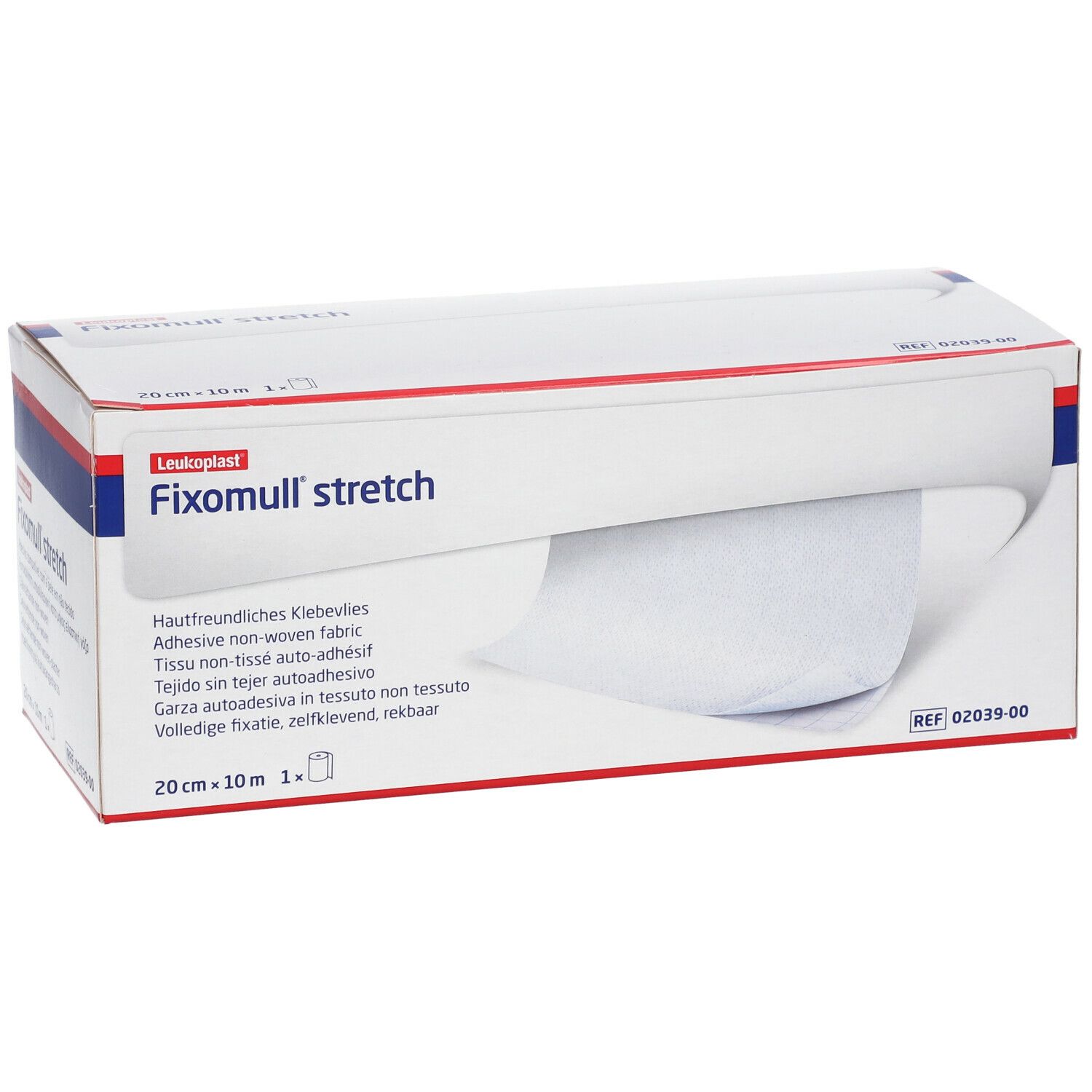 Fixomull stretch Klebevlies-Rolle in Verpackung. 20 cm x 10 m. Weißes Vlies sichtbar. Produktname und Marke deutlich sichtbar.