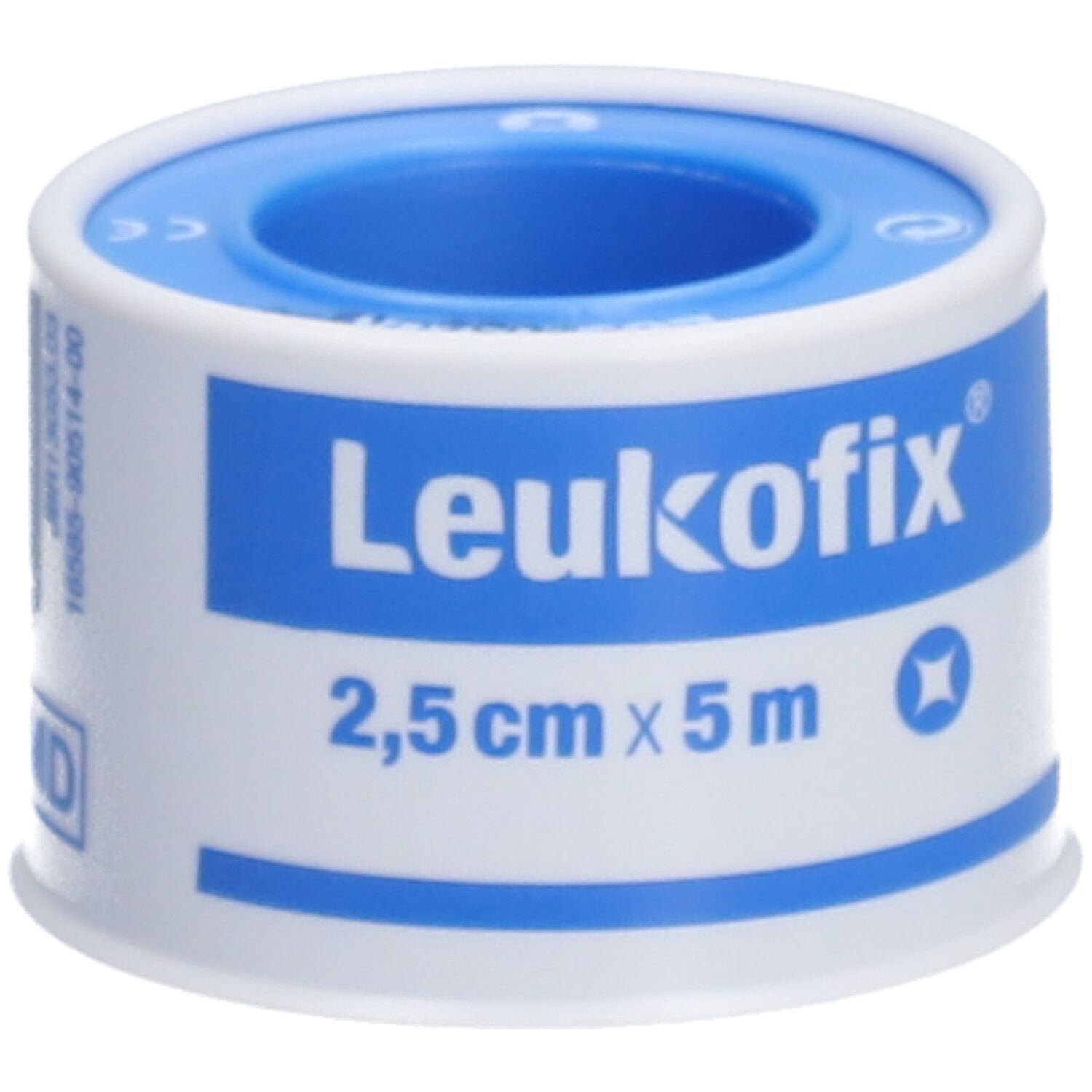 Rouleau de sparadrap. Emballage blanc et bleu. Inscription: Leukofix®, 2,5 cm x 5 m.