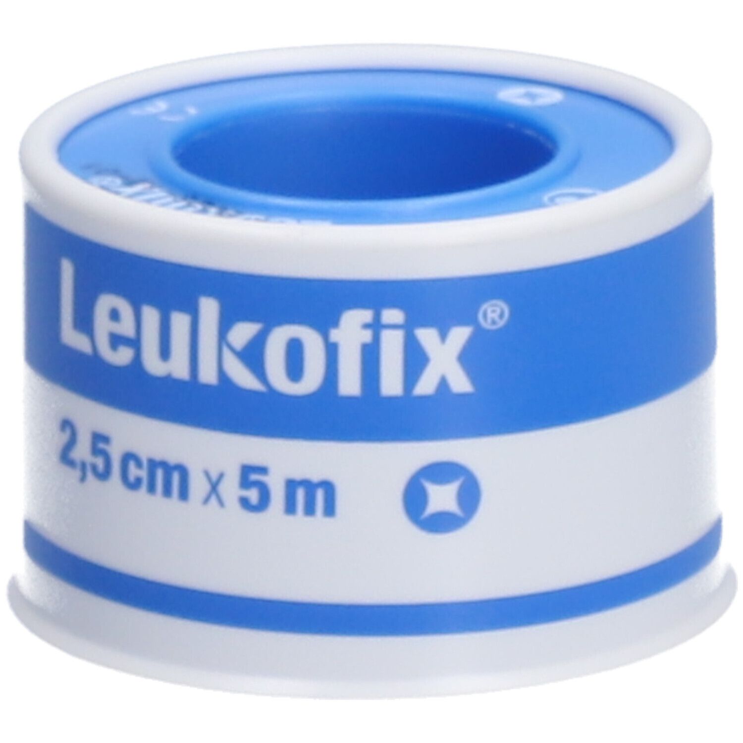 Rouleau de sparadrap. Emballage blanc et bleu. Inscription: Leukofix®, 2,5 cm x 5 m.