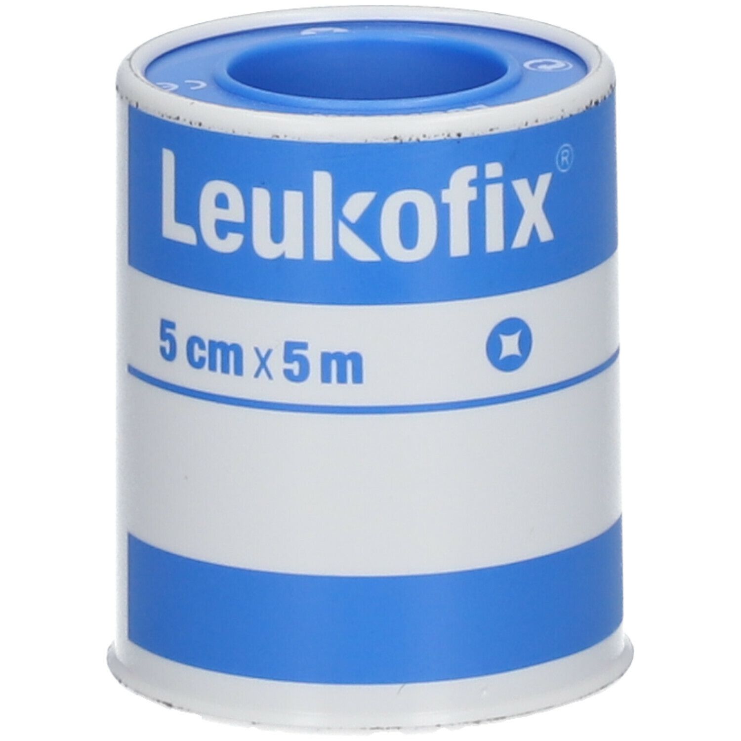 Rouleau de pansement adhésif Leukofix®, 5 cm x 5 m. Design blanc et bleu. Nom et dimensions visibles.