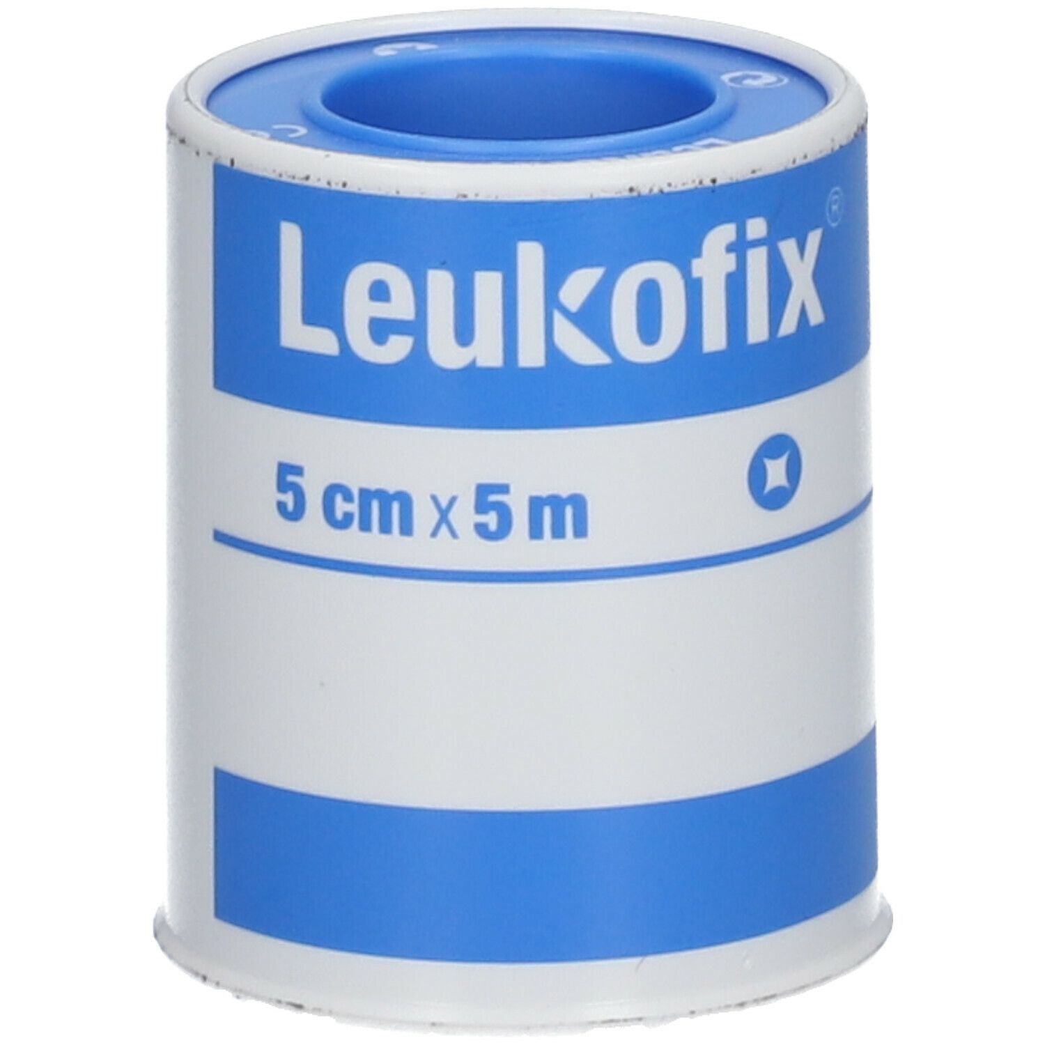 Rouleau de pansement adhésif Leukofix®, 5 cm x 5 m. Design blanc et bleu. Nom et dimensions visibles.