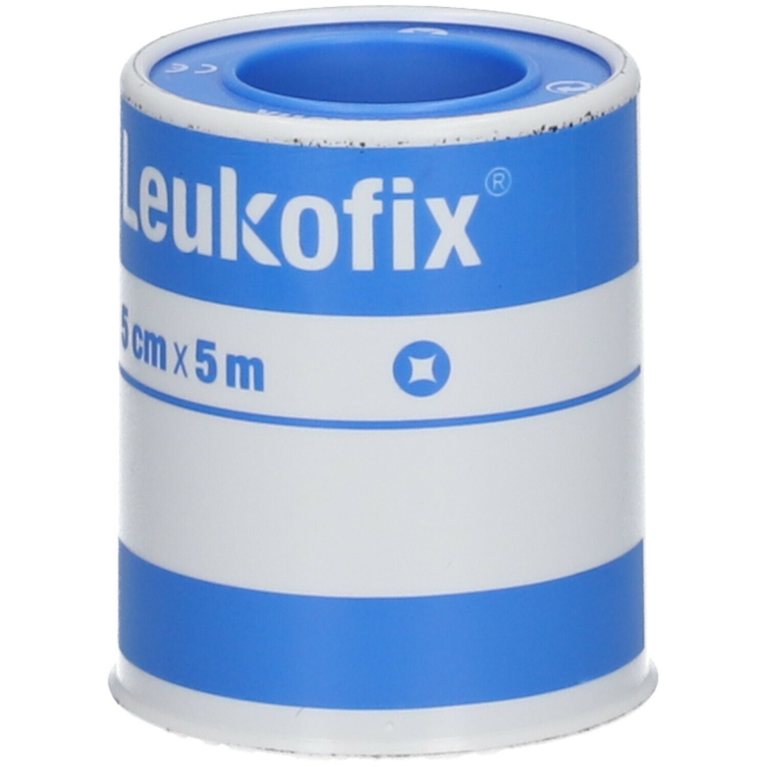Rouleau de pansement adhésif Leukofix®, 5 cm x 5 m. Design blanc et bleu. Nom et dimensions visibles.