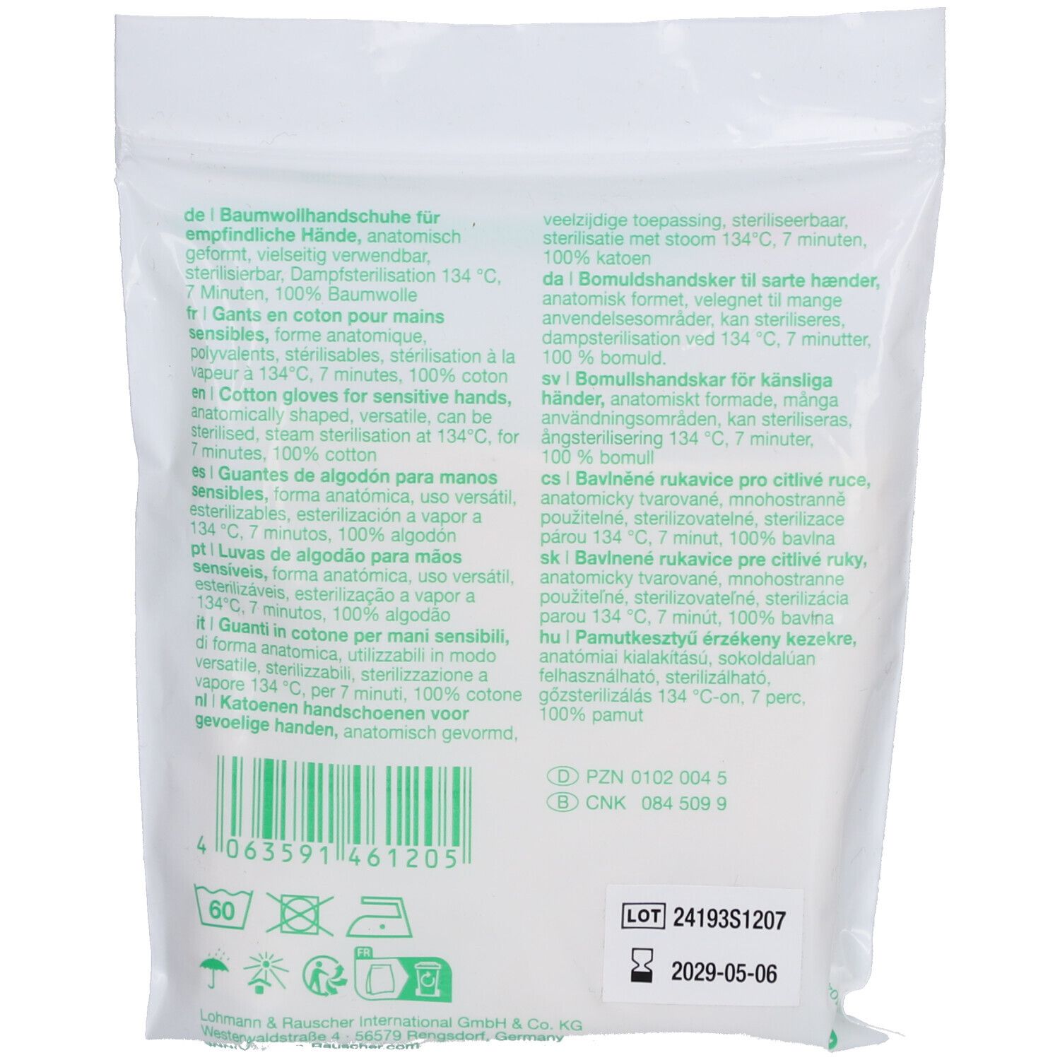 Dos du paquet de gants tg®. Texte multilingue, dont le français. Date de péremption.