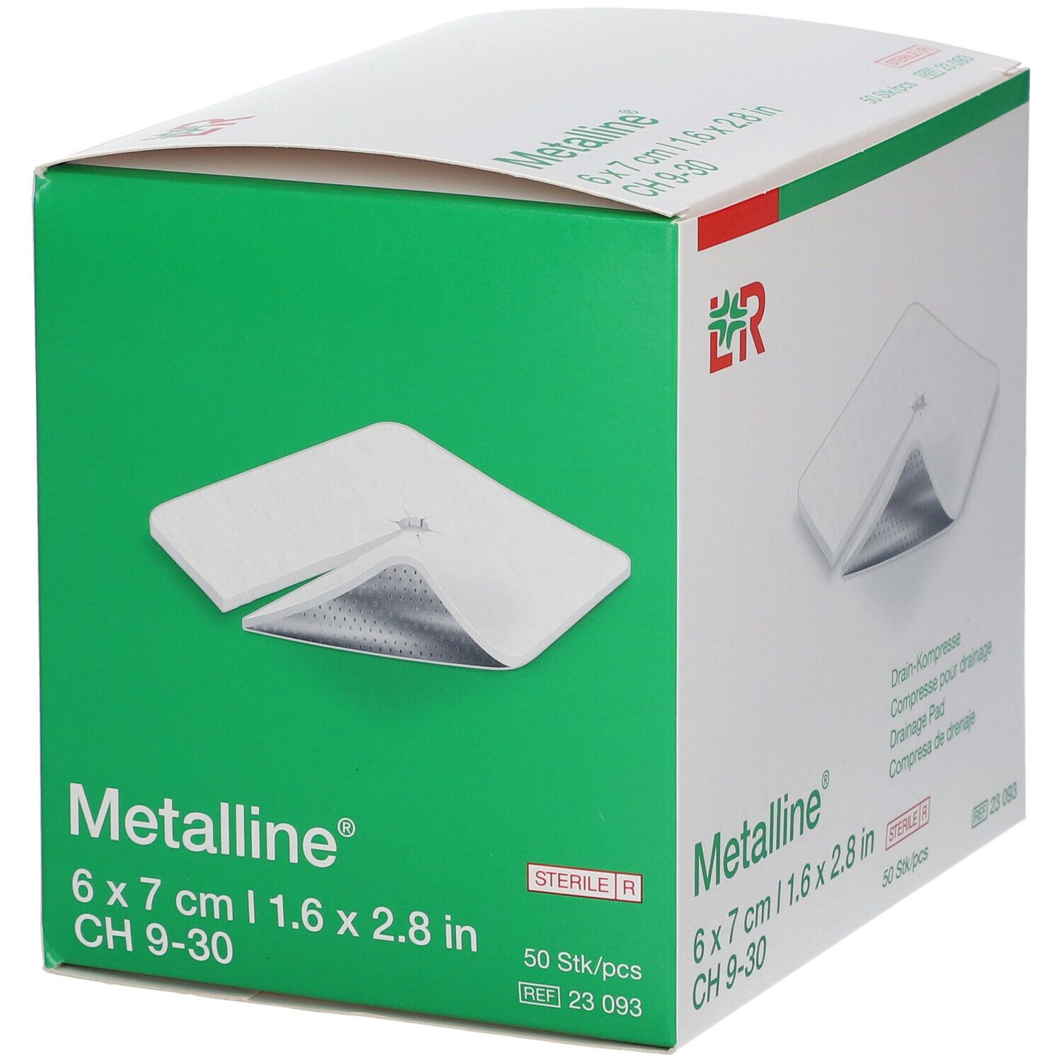 Boîte de compresses Metalline 6 x 7 cm. Compresses stériles pour drainage. 50 pièces par boîte.