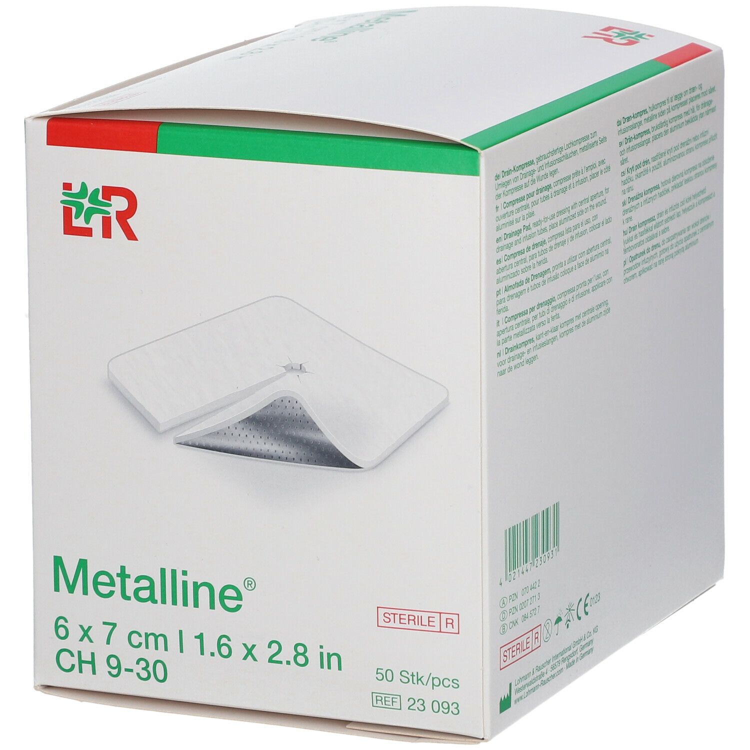 Boîte de compresses Metalline 6 x 7 cm. Compresses stériles pour drainage. 50 pièces par boîte.