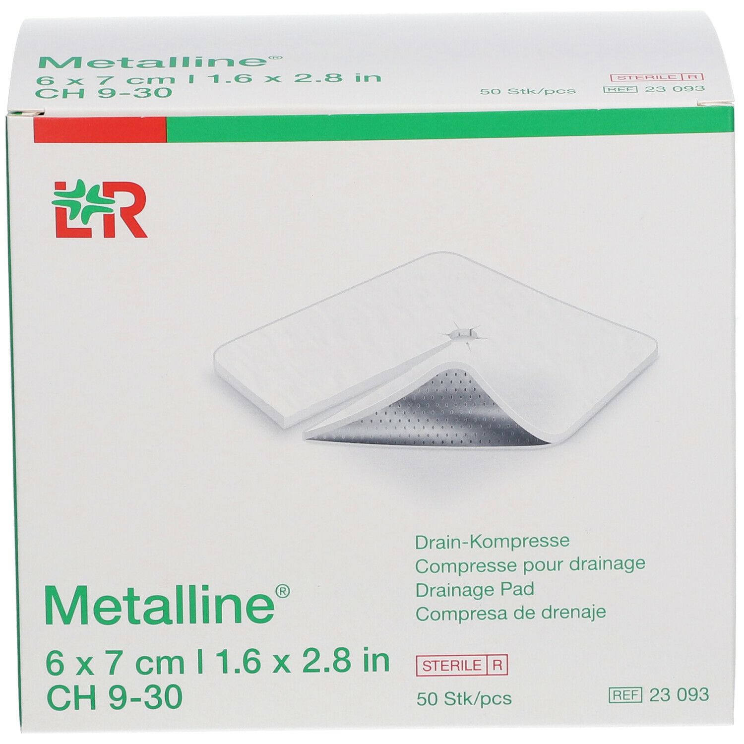 Boîte de compresses Metalline 6 x 7 cm. Compresses stériles pour drainage. 50 pièces par boîte.