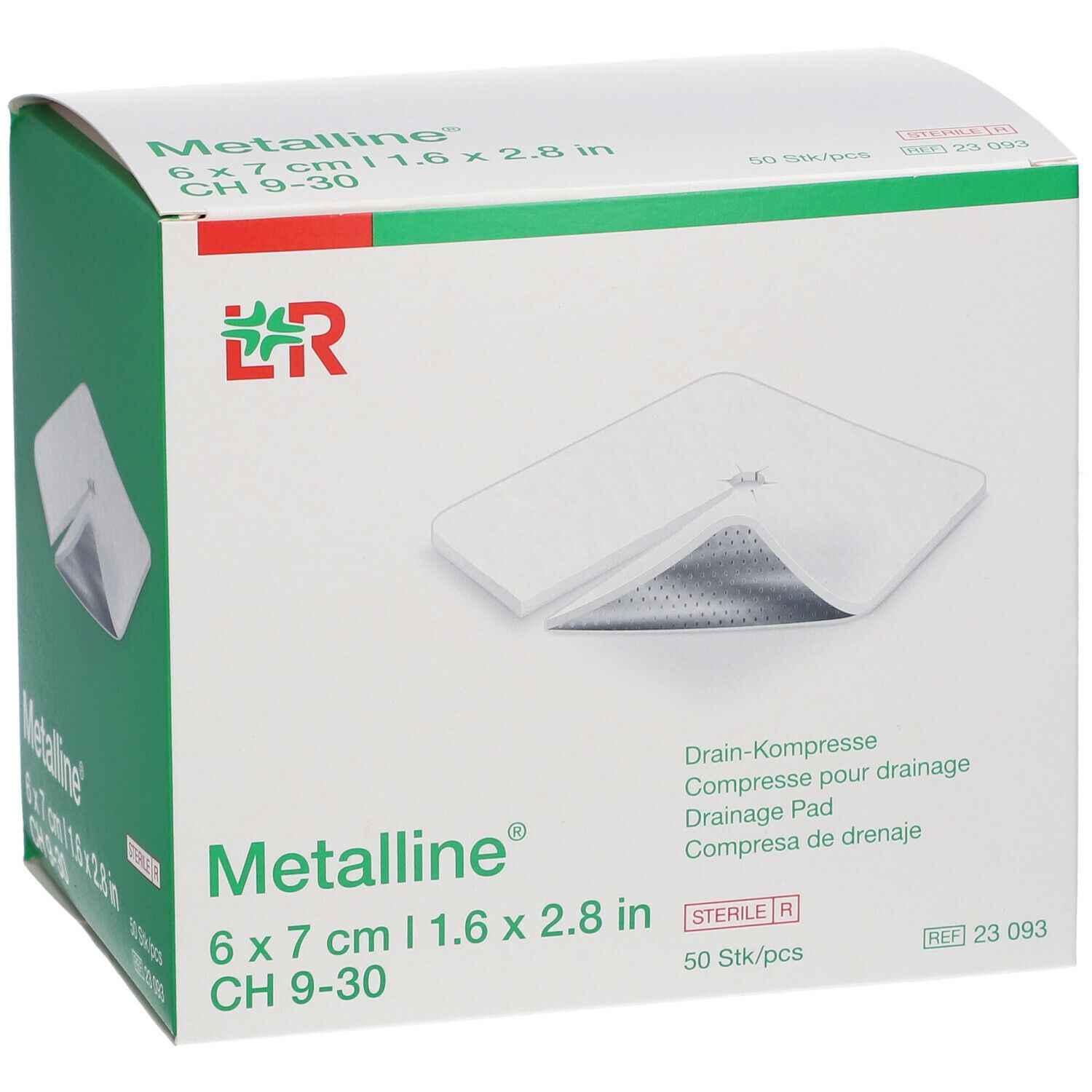 Boîte de compresses Metalline 6 x 7 cm. Compresses stériles pour drainage. 50 pièces par boîte.