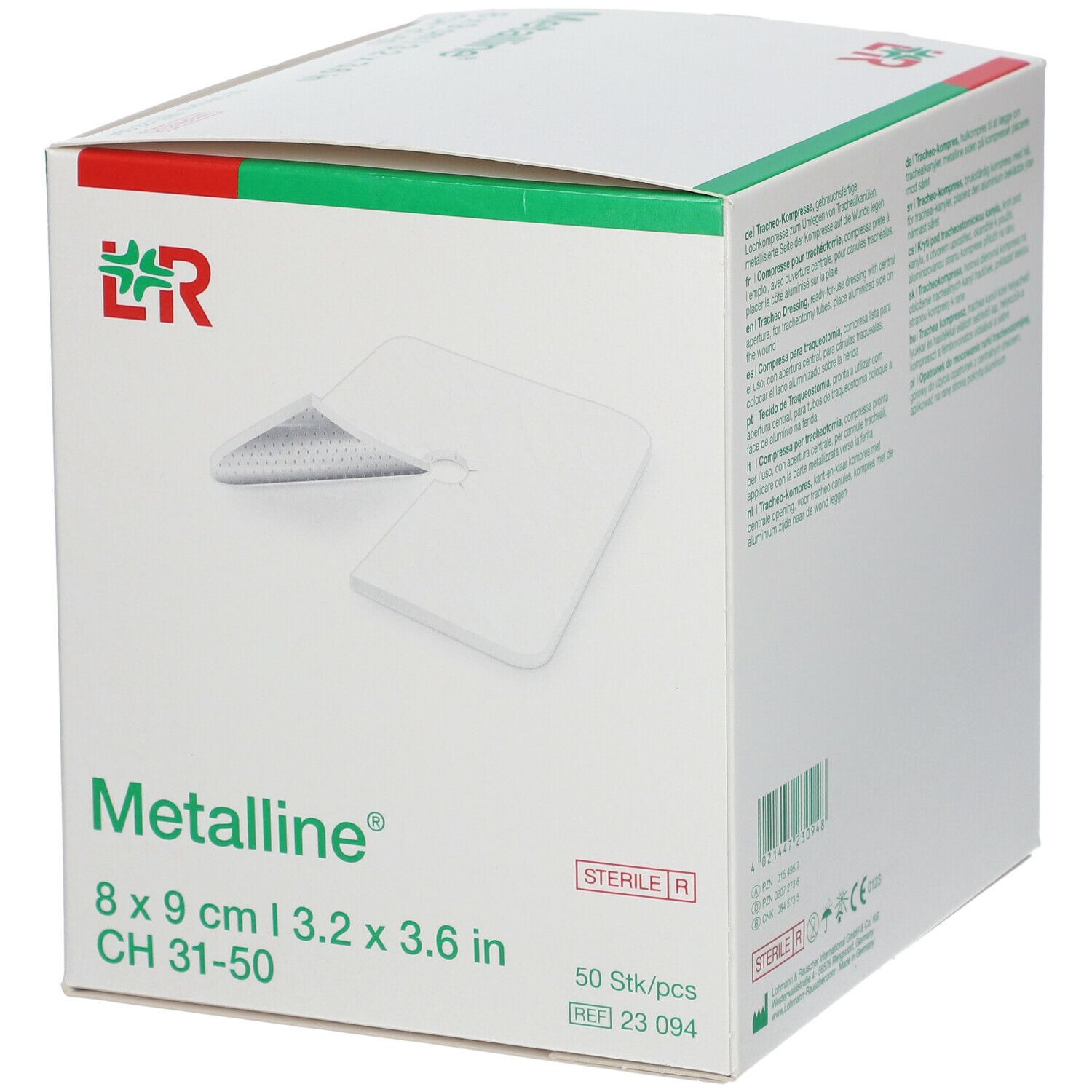 Verpackung von Metalline Tracheo Compresse 8 x 9cm. Weiße Kompresse mit Loch, auf Karton. Größe und Marke sichtbar.