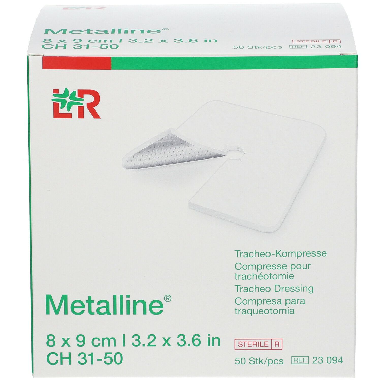 Verpackung von Metalline Tracheo Compresse 8 x 9cm. Weiße Kompresse mit Loch, auf Karton. Größe und Marke sichtbar.