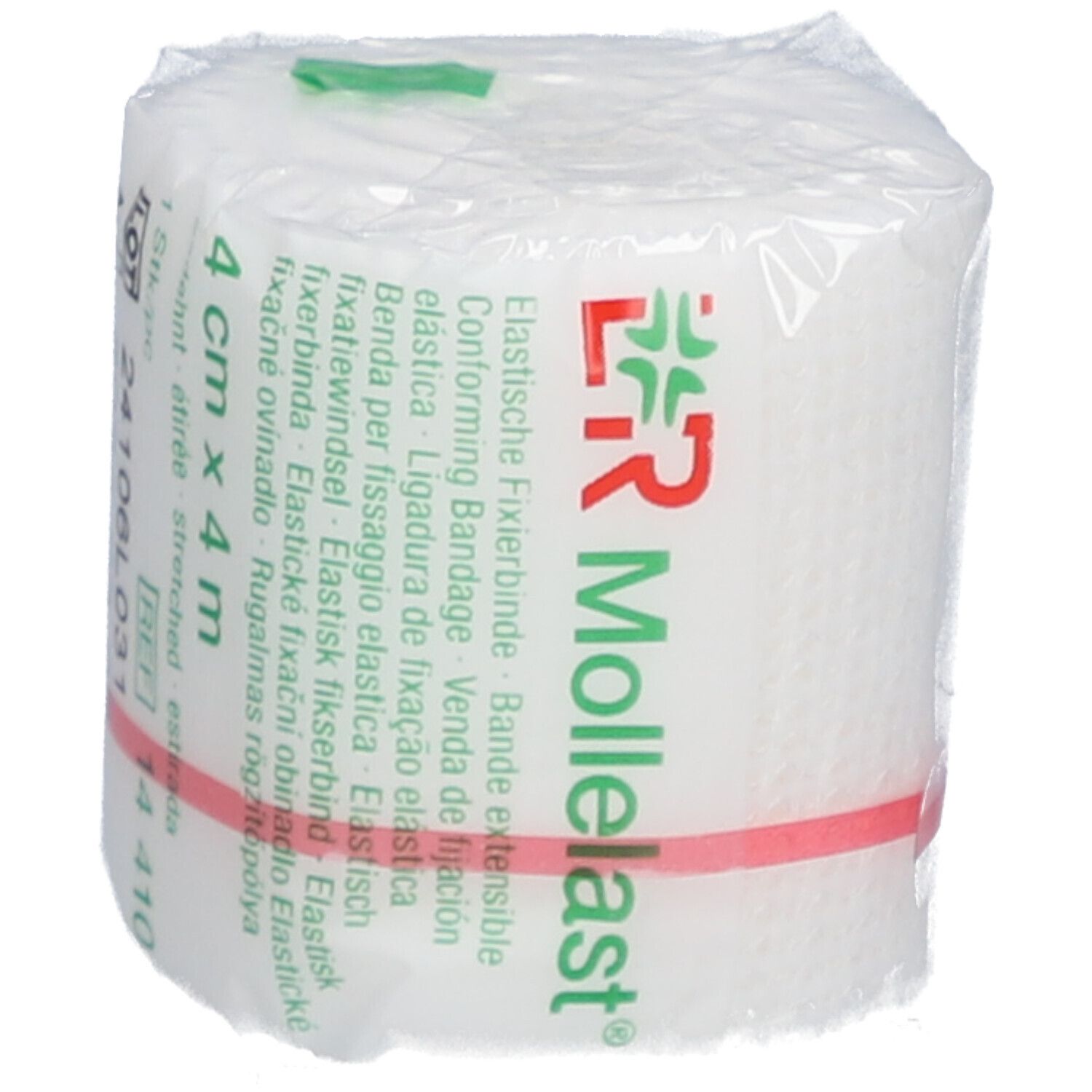 Bande de fixation élastique, 4 cm x 4 m, emballée dans du film plastique. Bande rouge. Inscription: Mollelast.