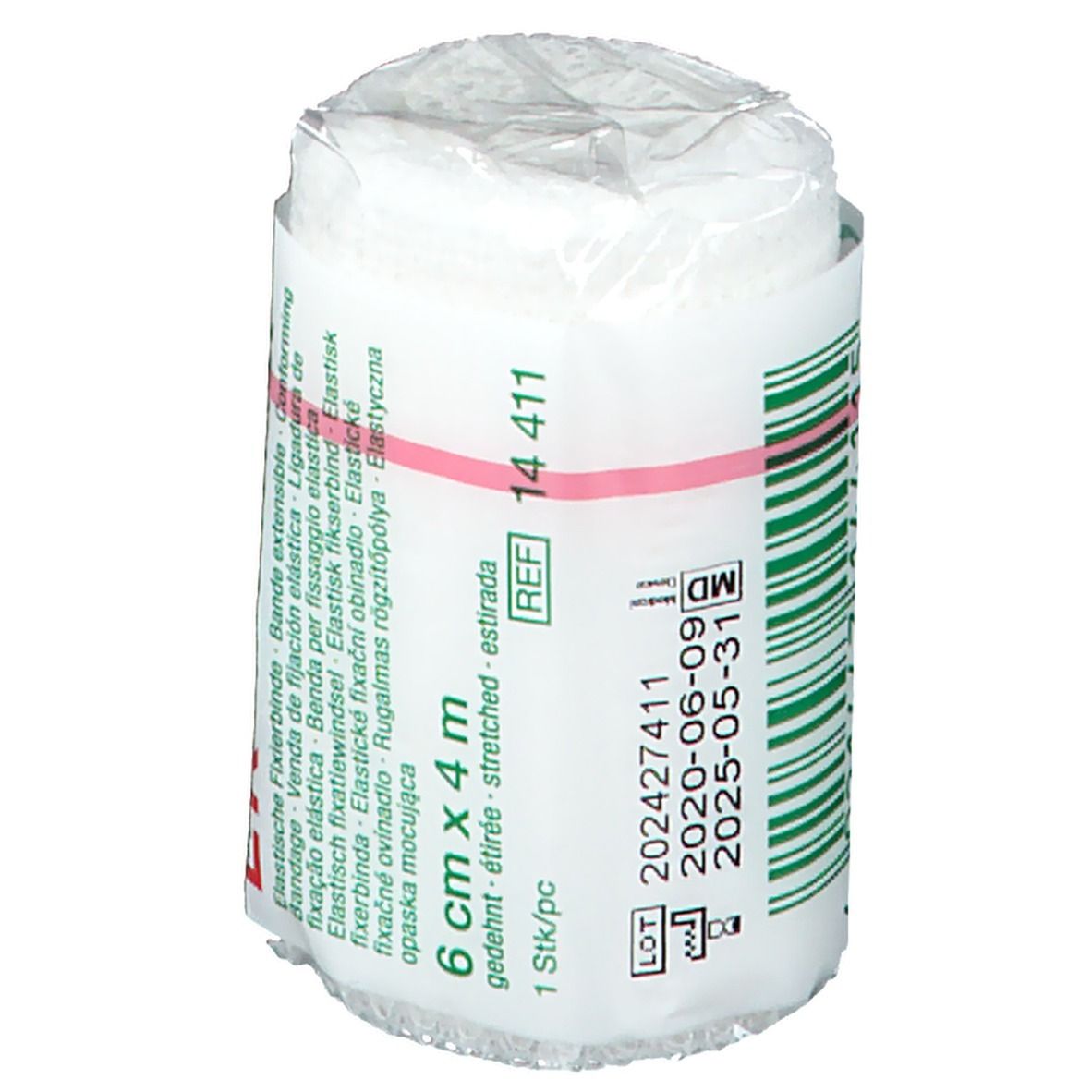 Elastisch fixatieverband Mollelast®, 6 cm x 4 m. Witte rol in plastic verpakking. Streepjescode en houdbaarheidsdatum.