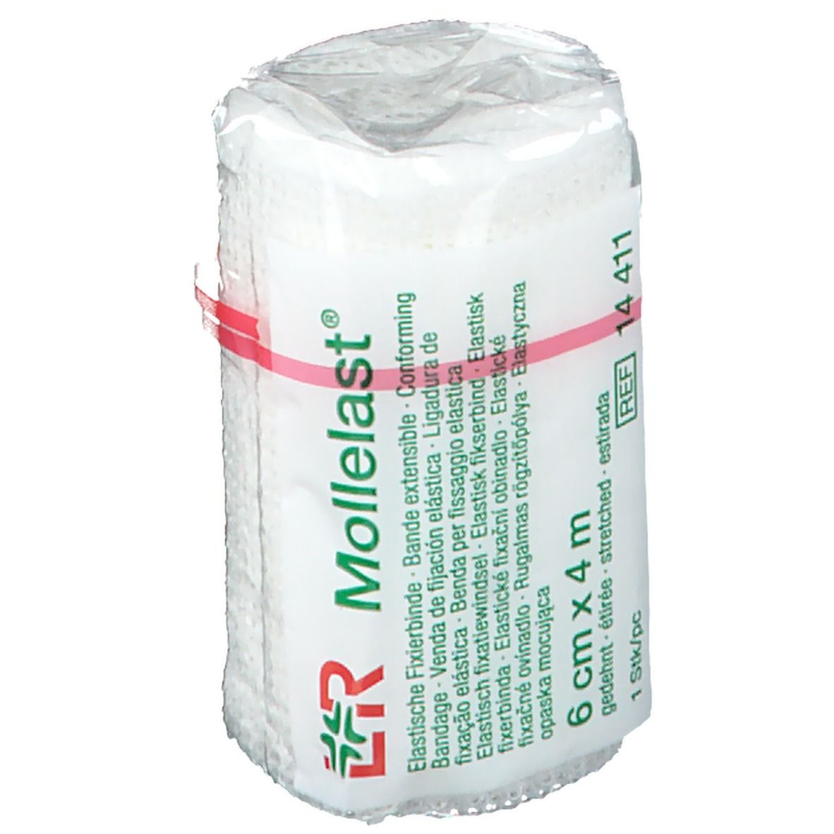Elastisch fixatieverband Mollelast®, 6 cm x 4 m. Wit verband in plastic verpakking. Rode elastiek.