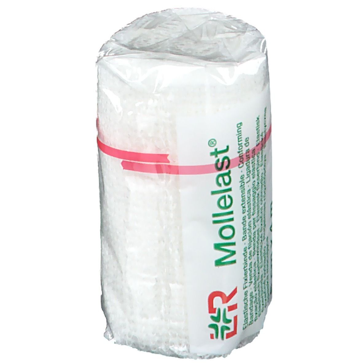 Elastisch fixatieverband Mollelast®. Witte rol in plastic verpakking. Rode elastiek. Productinformatie.