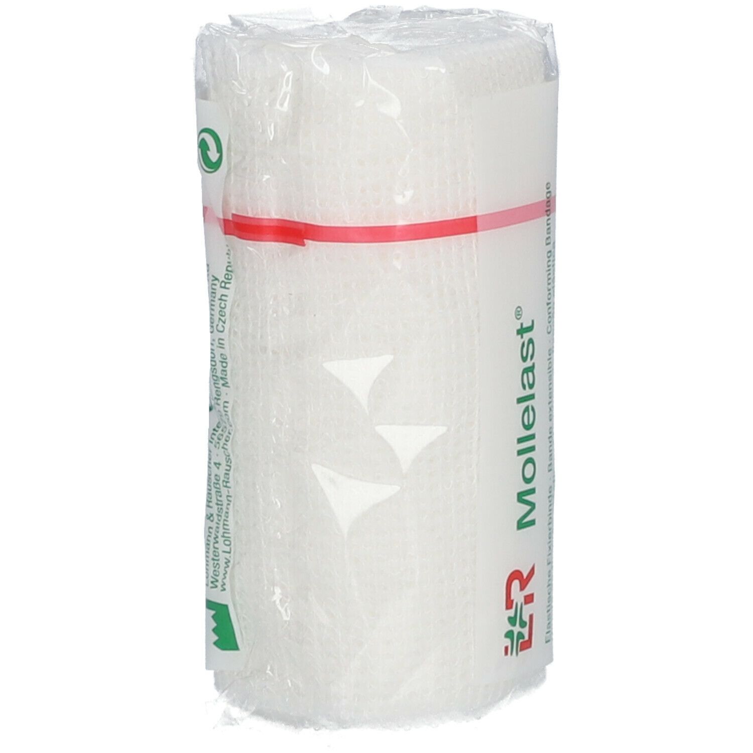 Bande de fixation Mollelast emballée. Inscriptions : marque, informations produit, adresse du fabricant, marquage CE, symbole de recyclage.