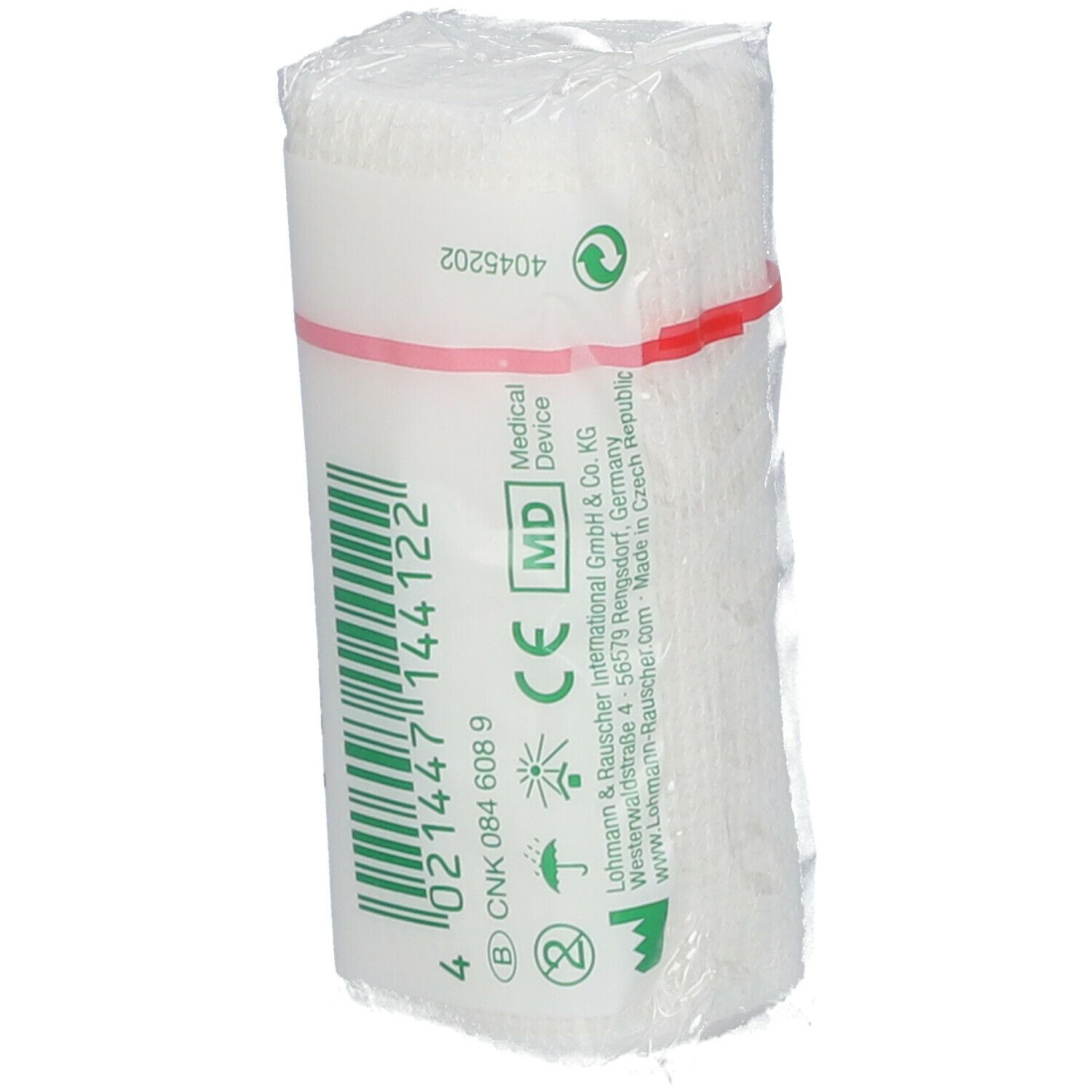 Bande de fixation Mollelast emballée. Inscriptions : marque, informations produit, numéro de lot, marquage MD, marquage CE.