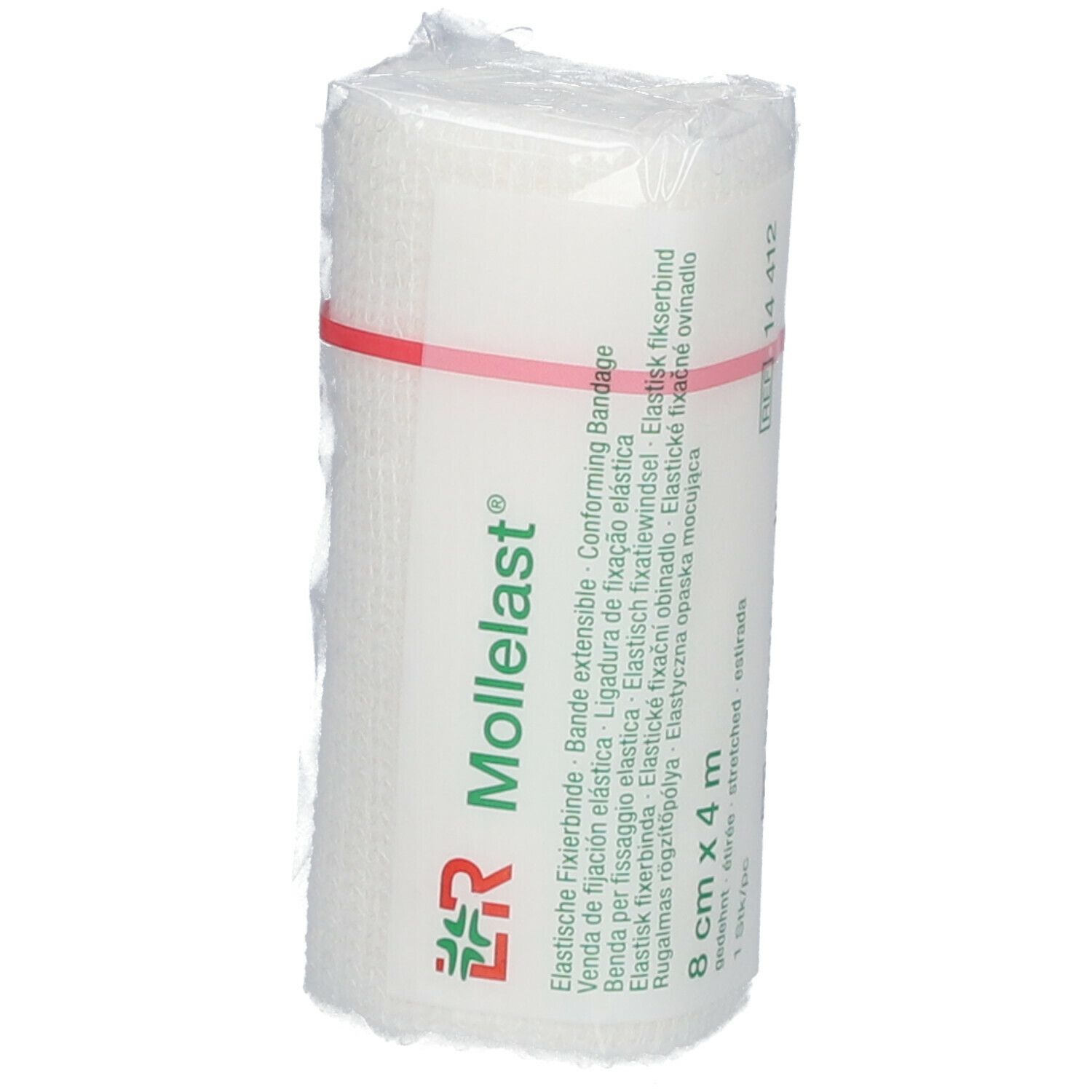 Bande de fixation élastique Mollelast, 8 cm x 4 m, emballée. Anneau en caoutchouc rouge. Inscriptions : marque, informations produit.
