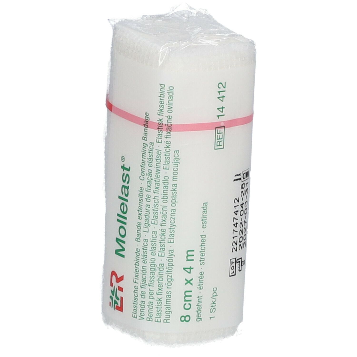 Bande de fixation Mollelast, 8 cm x 4 m, emballée. Anneau en caoutchouc rouge. Inscriptions : marque, informations produit, date de péremption.