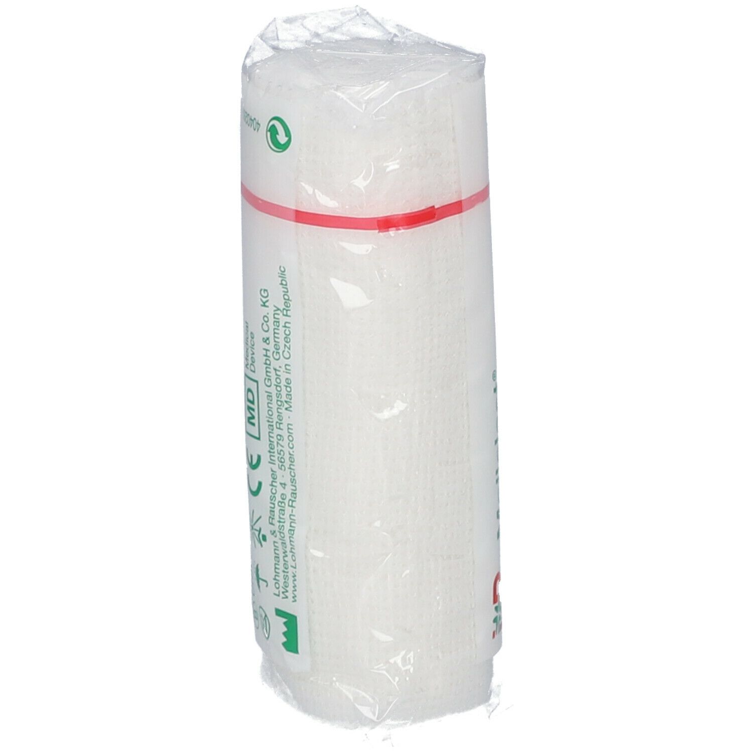 Bande de fixation élastique blanche, emballée dans du film plastique. Bande rouge. Inscriptions : MD, marquage CE, adresse du fabricant.