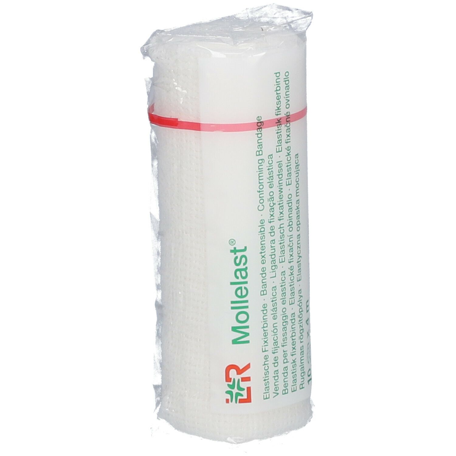Bande de fixation élastique blanche, emballée dans du film plastique. Bande rouge. Inscription : Mollelast, 10 cm x 4 m.