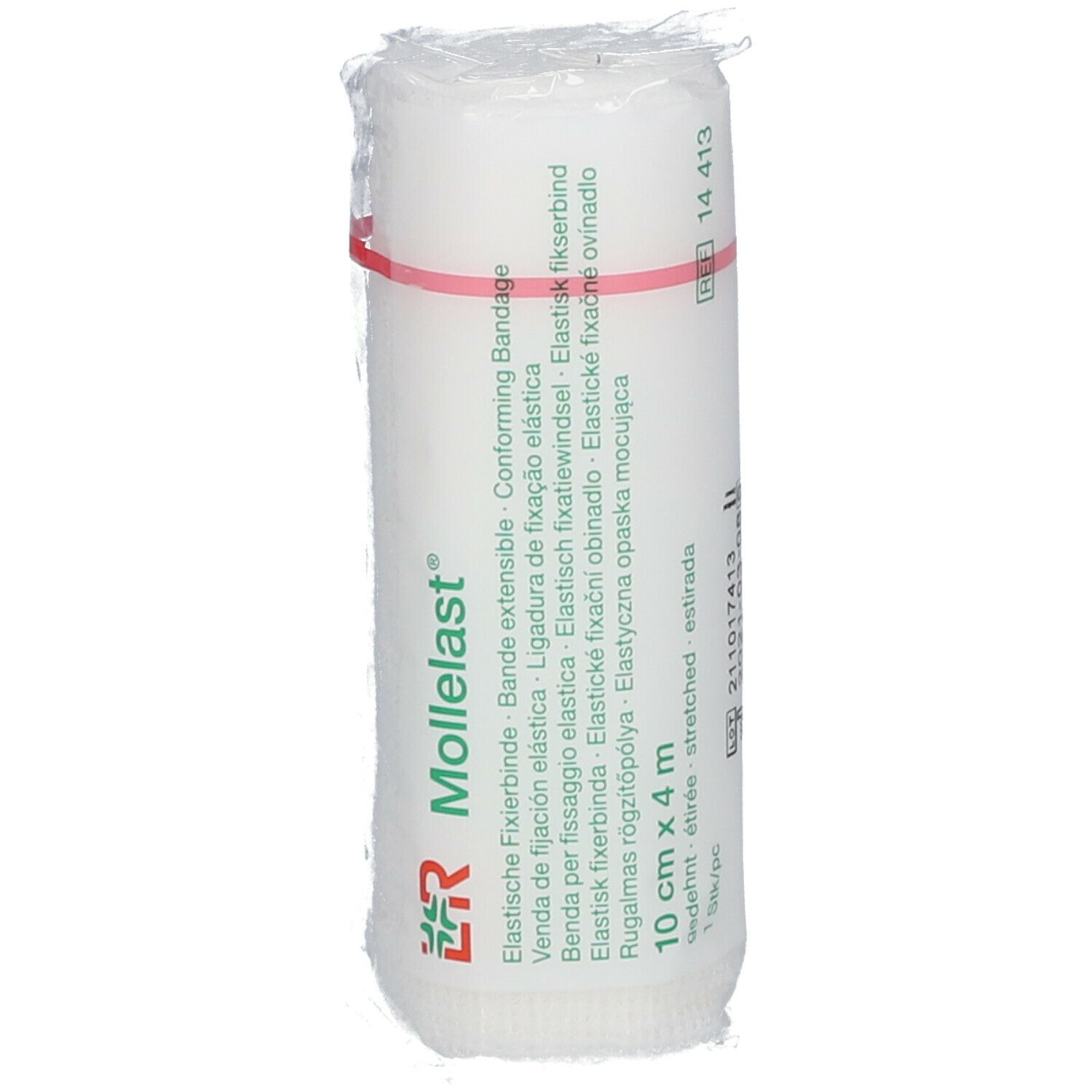 Bande de fixation élastique blanche, emballée dans du film plastique. Bande rouge. Inscription : Mollelast, 10 cm x 4 m.